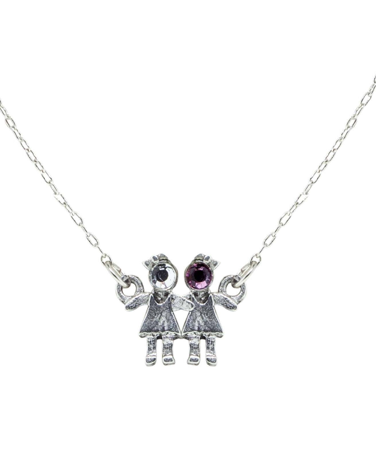 1928 Jewelry Pewter With Crystal 2 Girls Holding Hands Pendant Necklace 16"