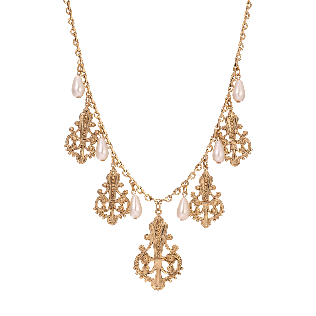 Gold Tone Royal Filigree Ornamental Drop Faux Pearl Necklace 16" + 3" Extender