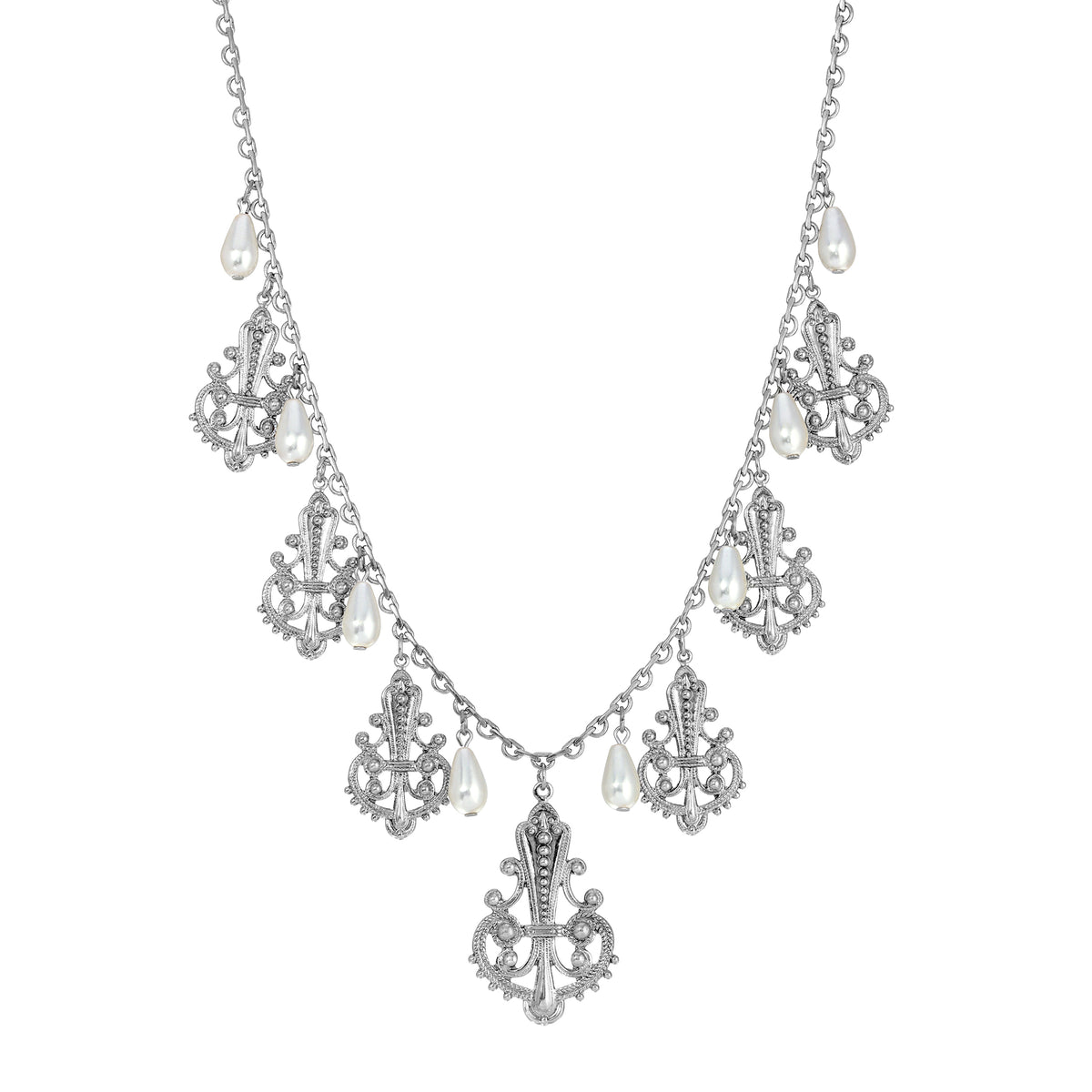 Silver Tone Royal Filigree Ornamental Drop Faux Pearl Necklace 16" + 3" Extender