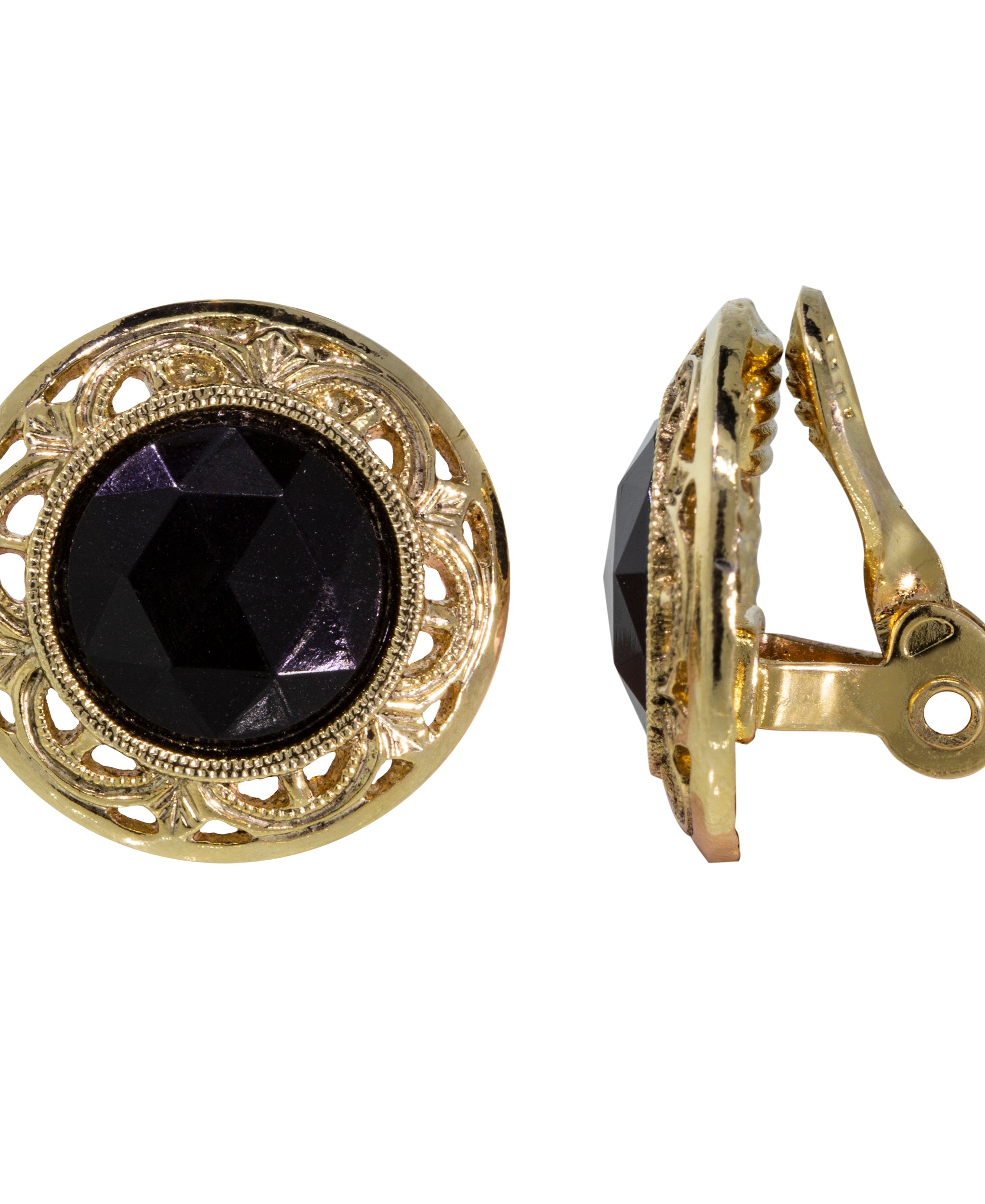 1928 Jewelry Round Jet Black Stone Clip On Earrings