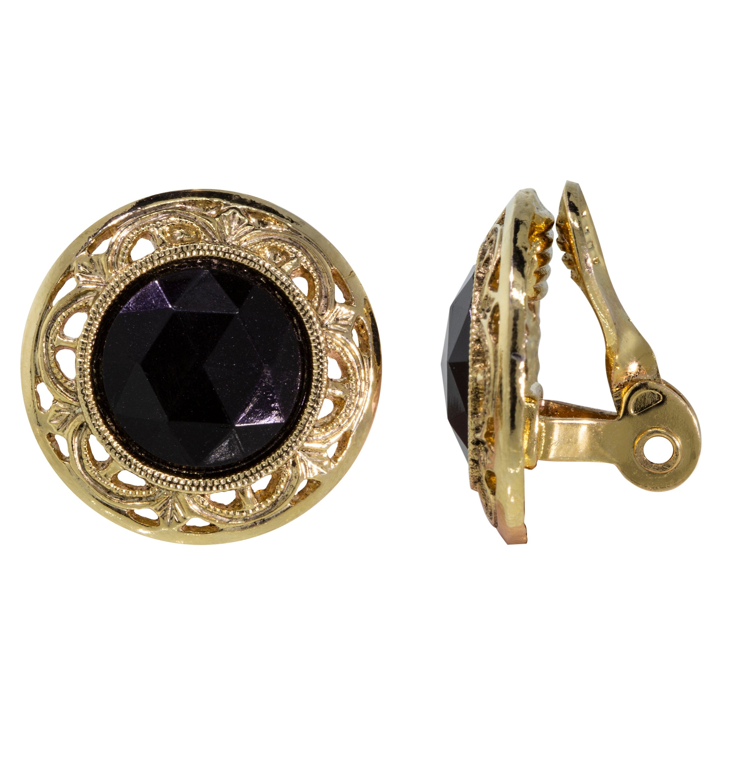 1928 Jewelry Round Jet Black Stone Clip On Earrings