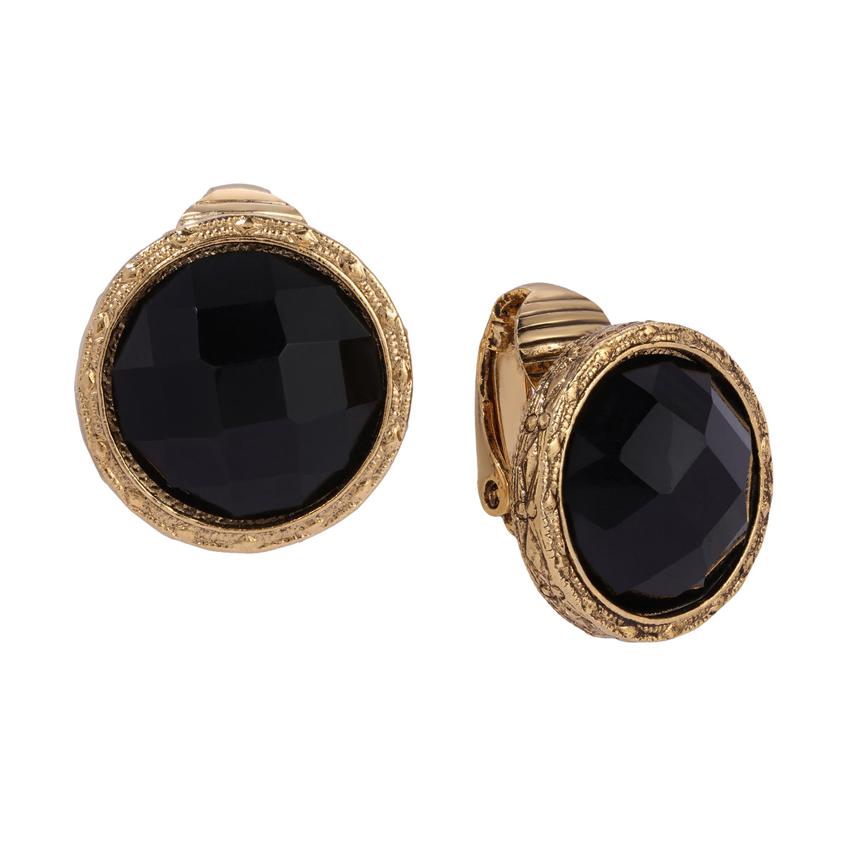 Black Round Faceted Stone Button Clip On Earrings