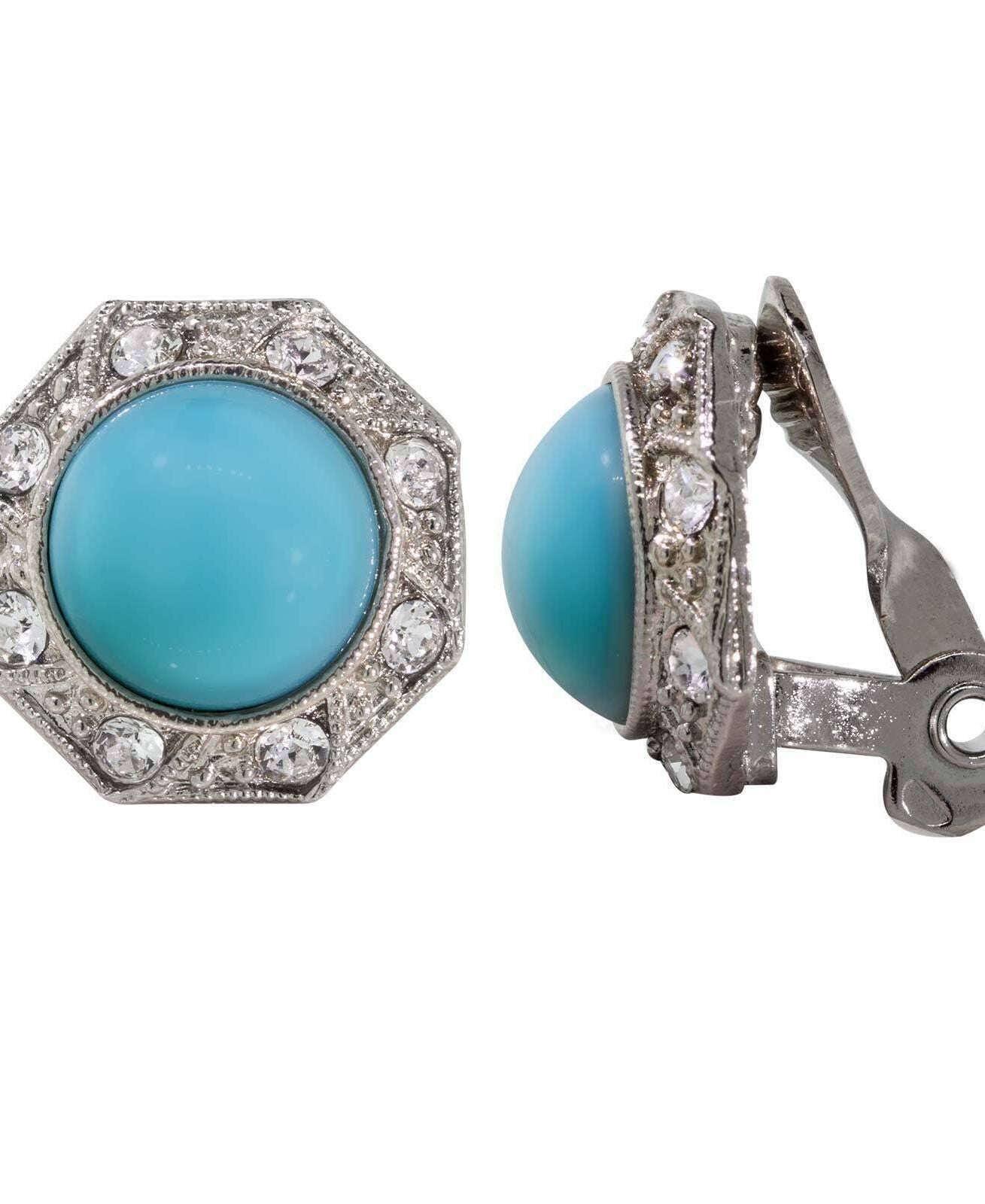 1928 Jewelry Faux Pearl Crystal Round Button Clip On Earrings