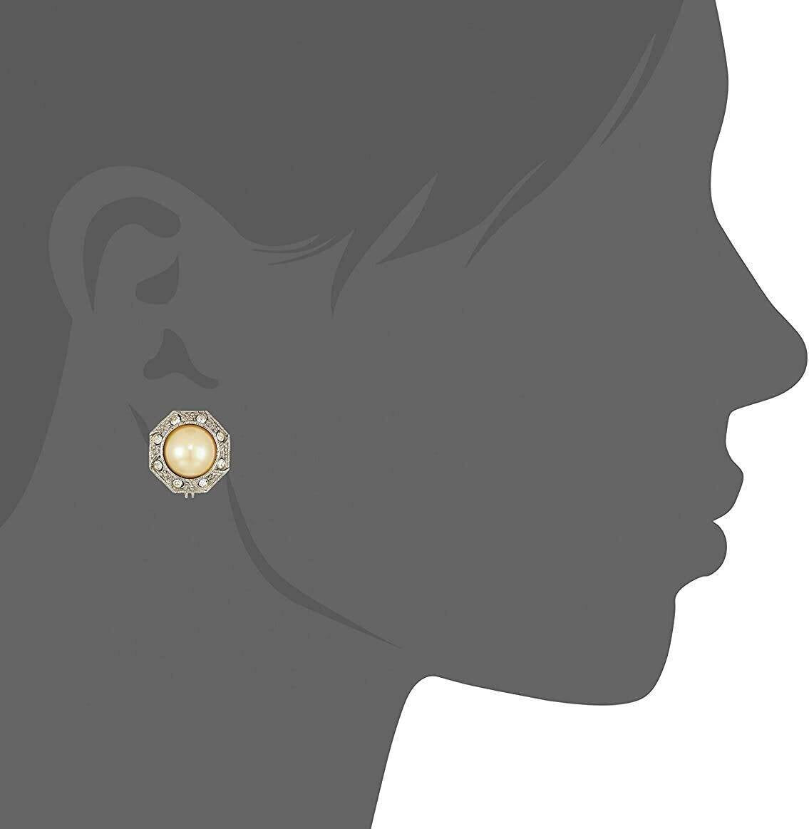 1928 Jewelry Faux Pearl Crystal Round Button Clip On Earrings