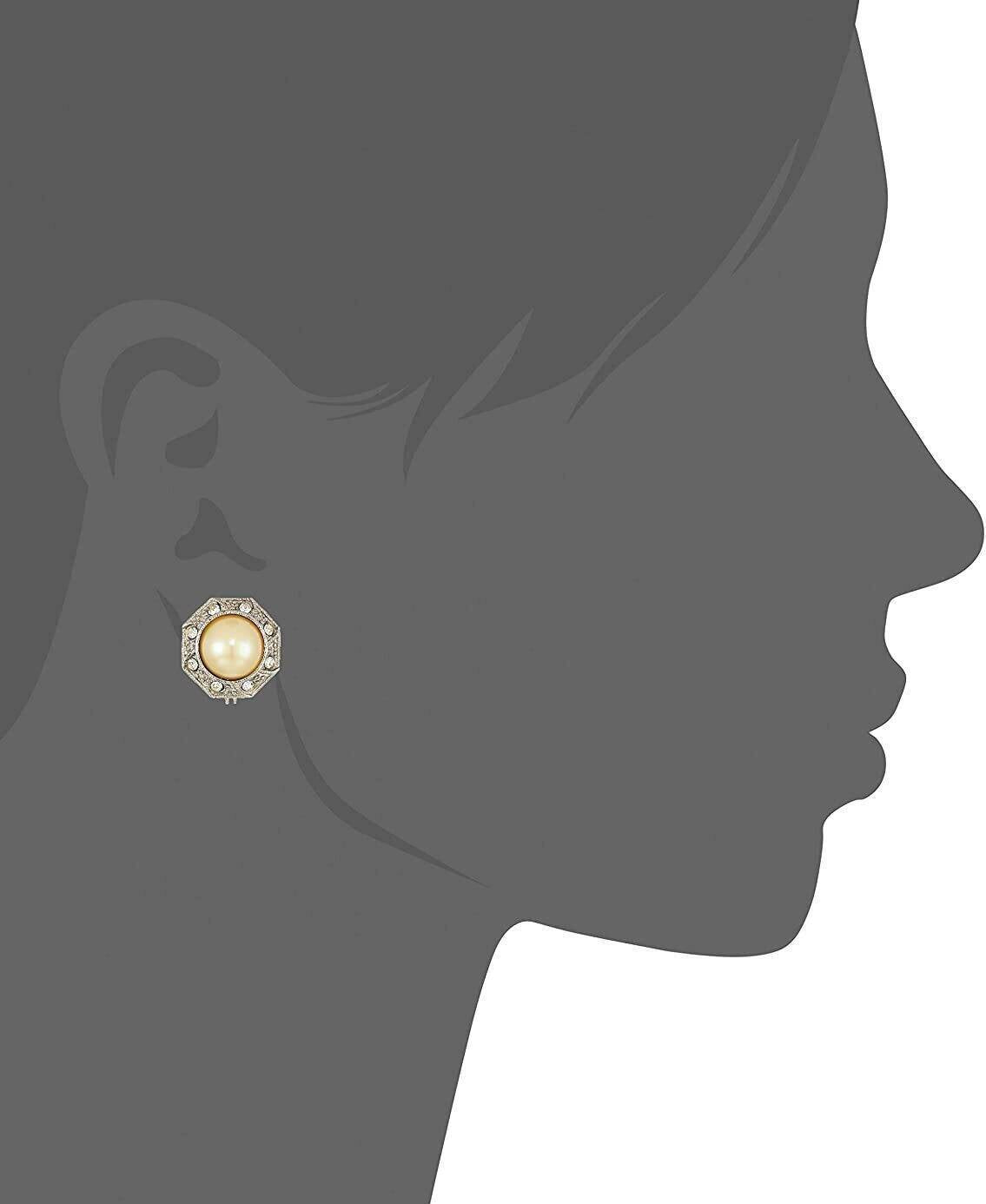 1928 Jewelry Faux Pearl Crystal Round Button Clip On Earrings