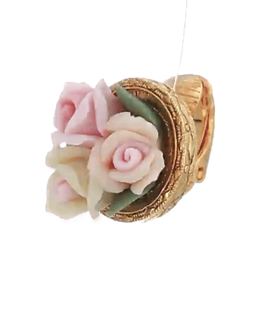 1928 Jewelry 3 Flower Pink & White Porcelain Flower Round Button Clip On Earrings