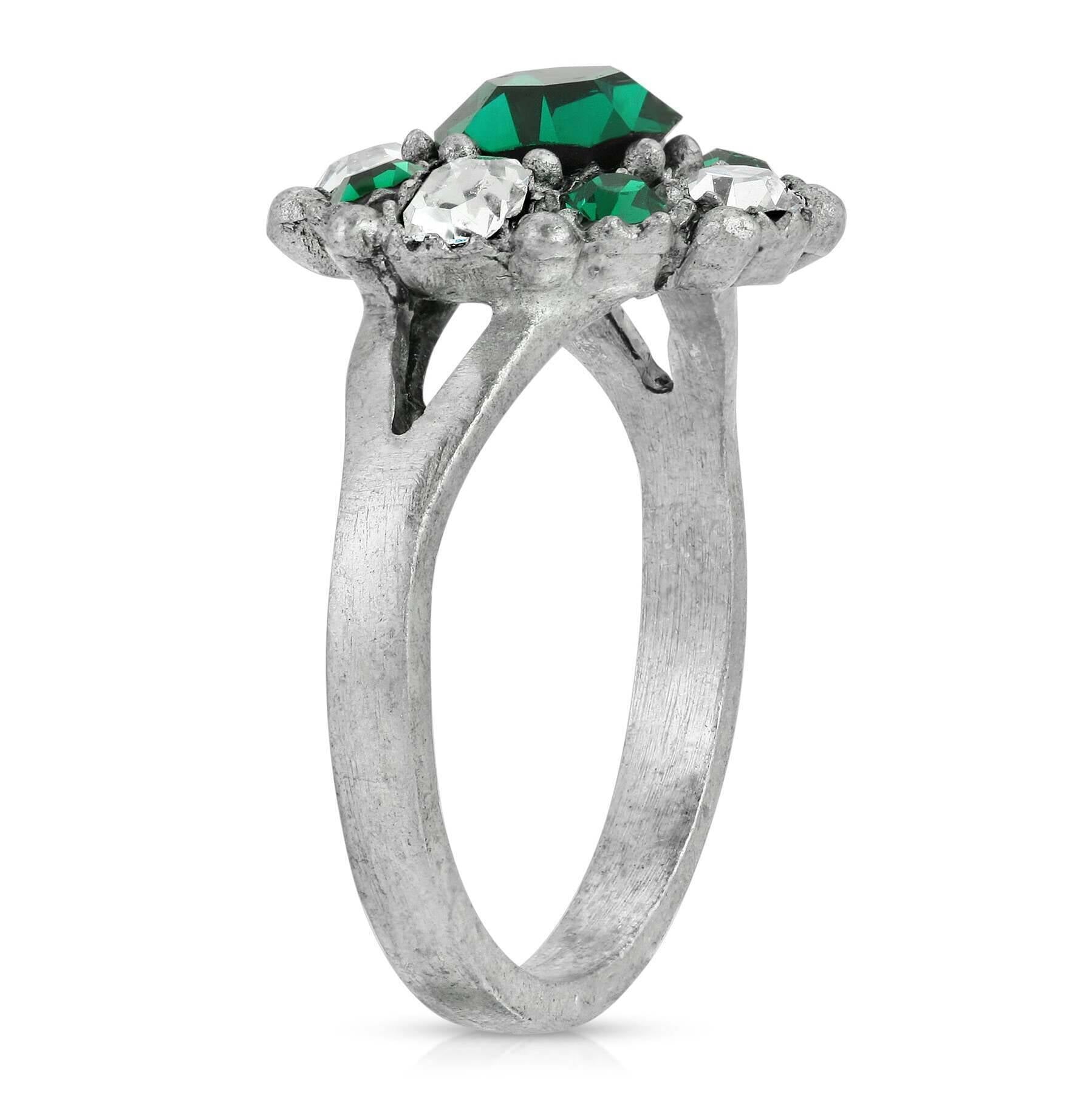 1928 Jewelry Pewter Dark Green And Clear Crystal Ring Size 7