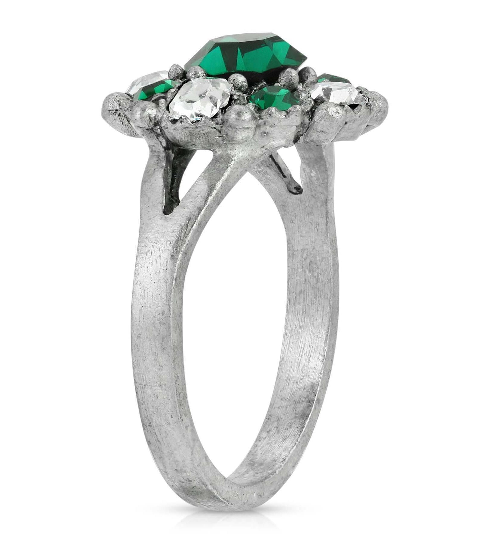 1928 Jewelry Pewter Dark Green And Clear Crystal Ring Size 7