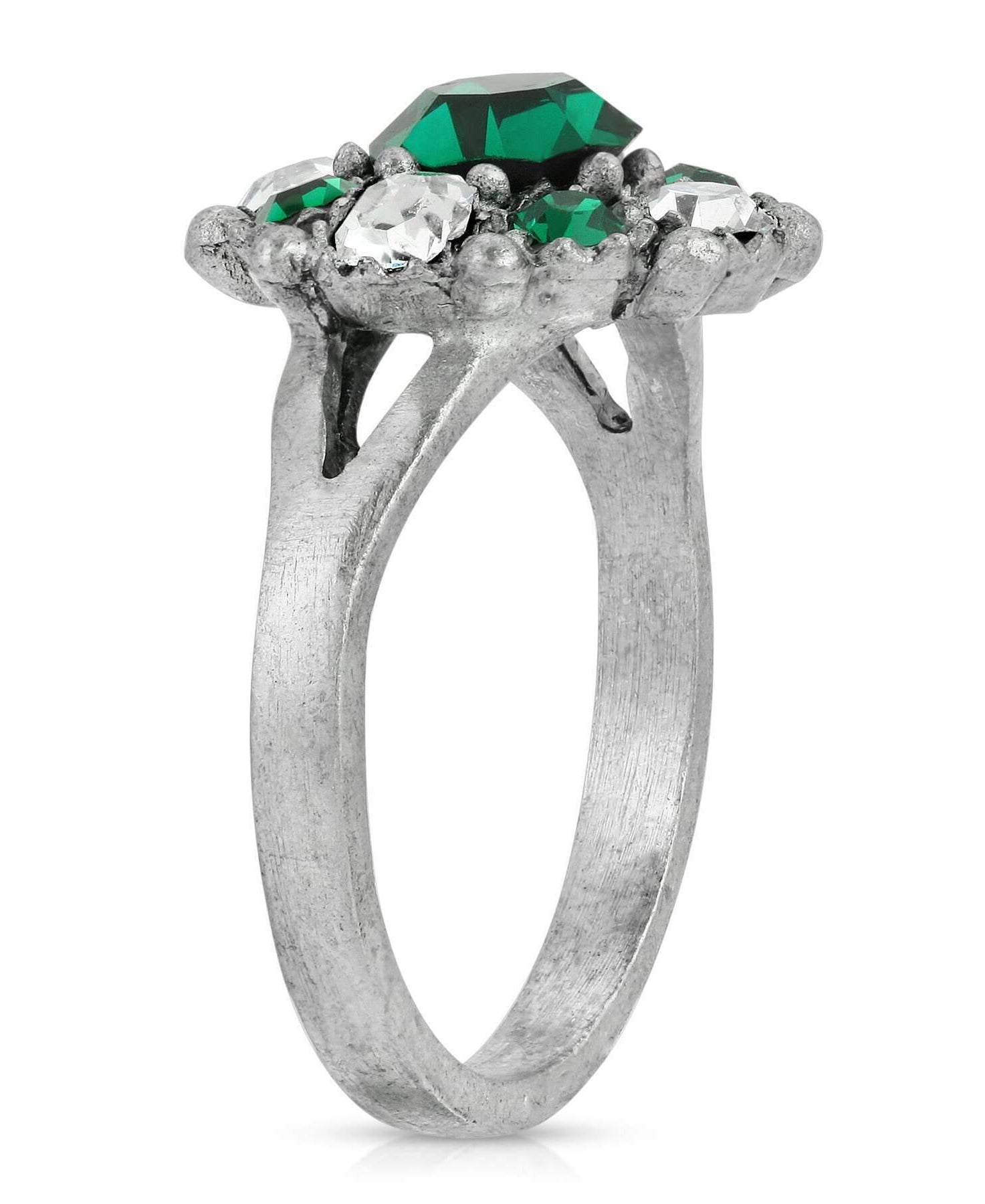 1928 Jewelry Pewter Dark Green And Clear Crystal Ring Size 7