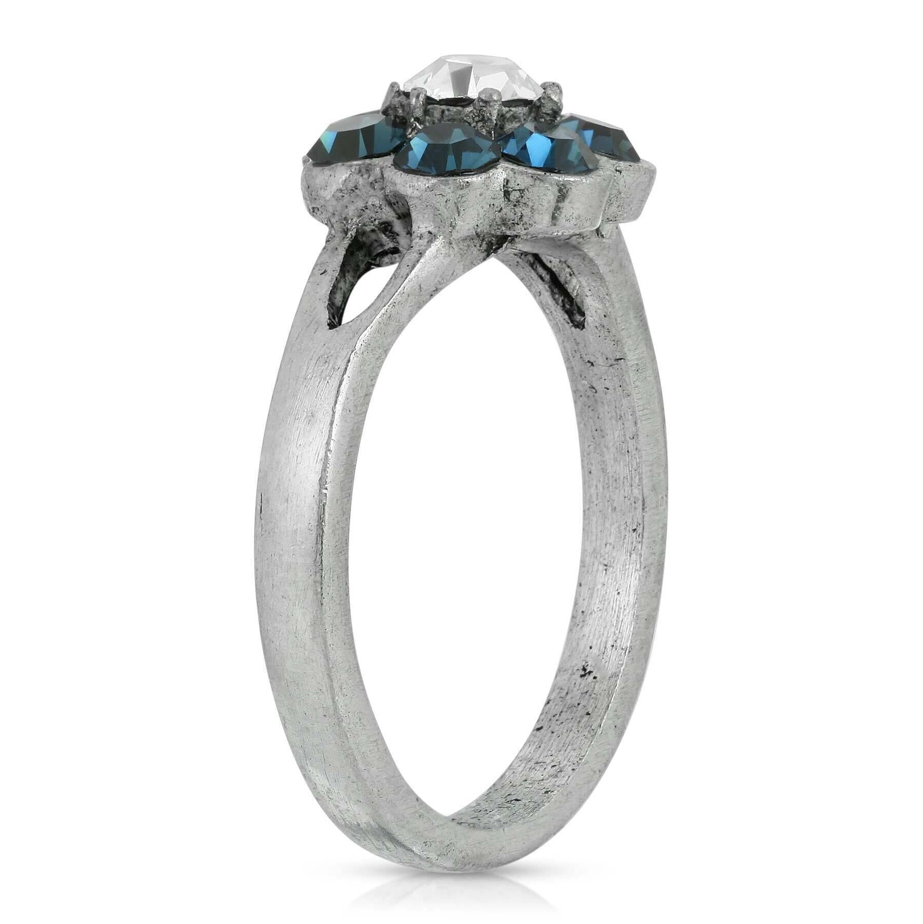 1928 Jewelry Pewter Clear And Dark Blue Crystal Flower Ring Size 7