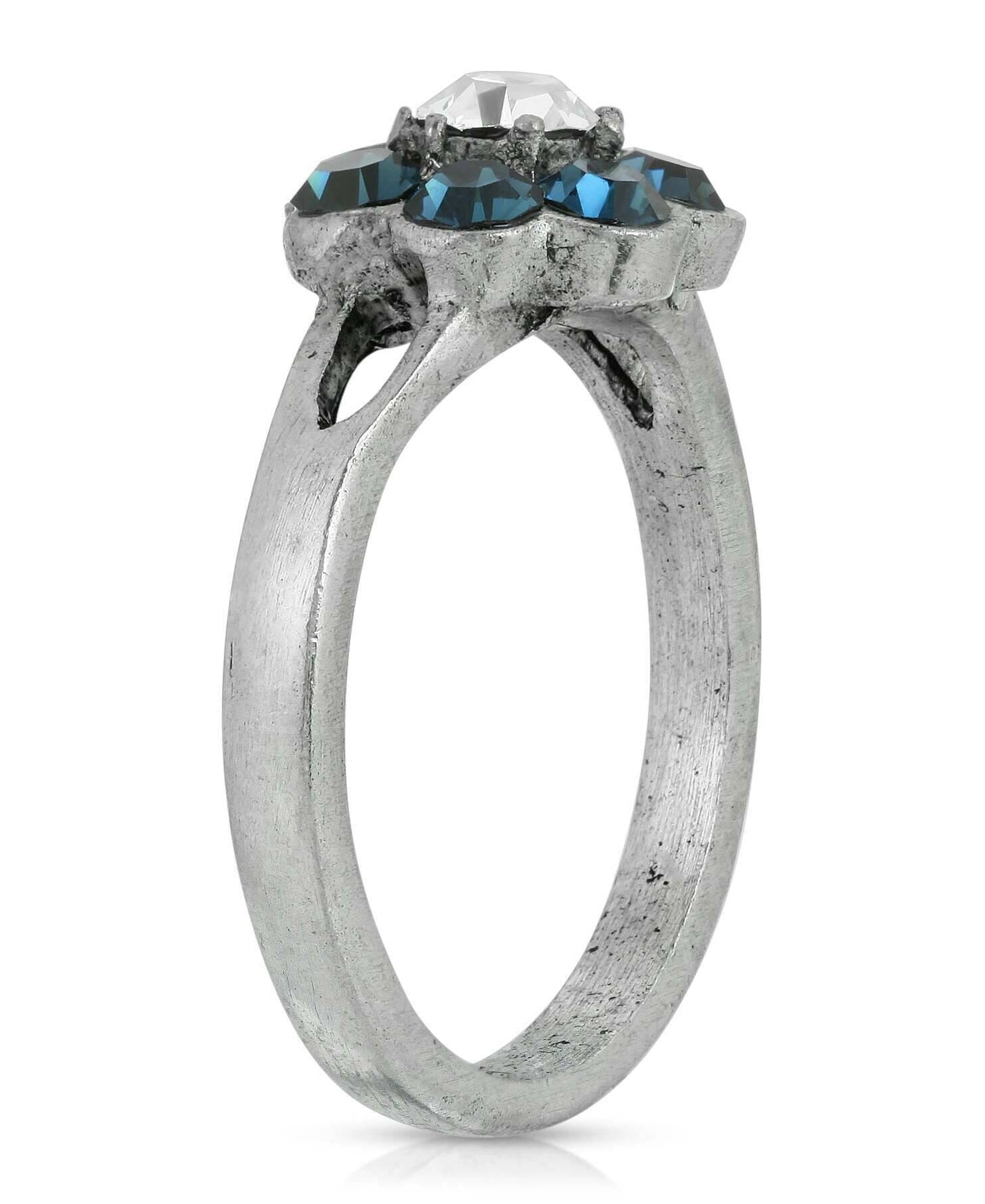 1928 Jewelry Pewter Clear And Dark Blue Crystal Flower Ring Size 7