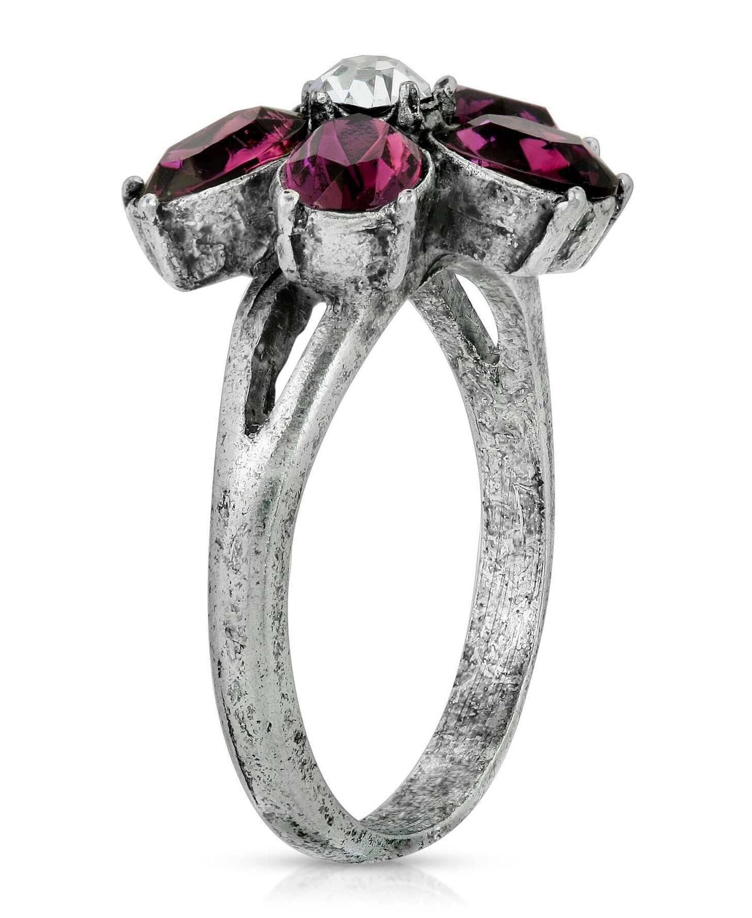 1928 Jewelry Pewter Purple And Clear Crystal Floral Ring Size 7