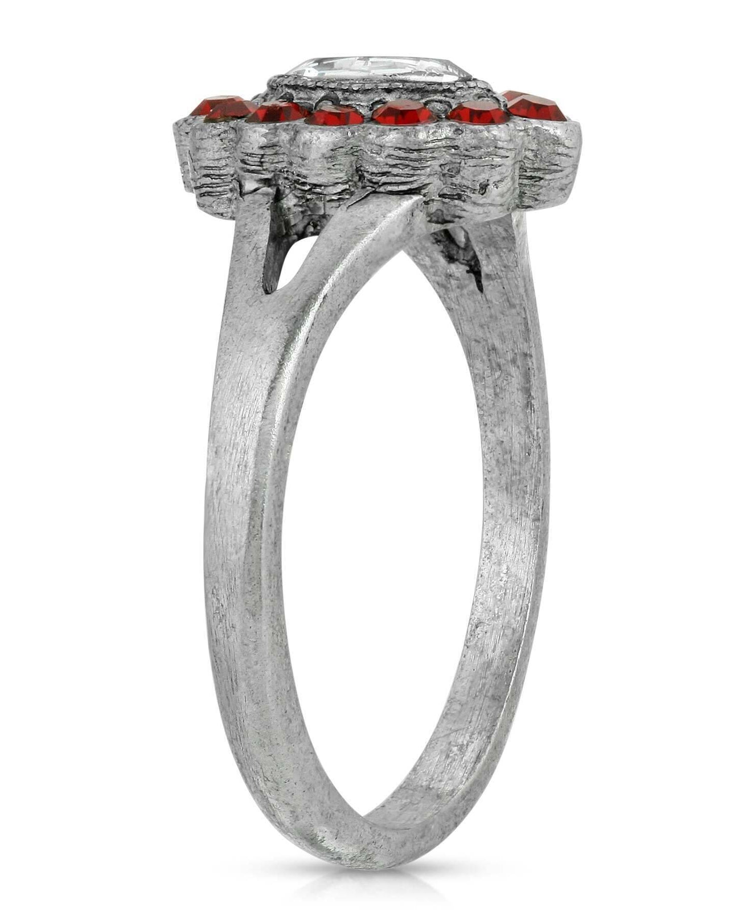 1928 Jewelry Pewter Diamond Shaped Crystal With Red Crystals Ring Size 7
