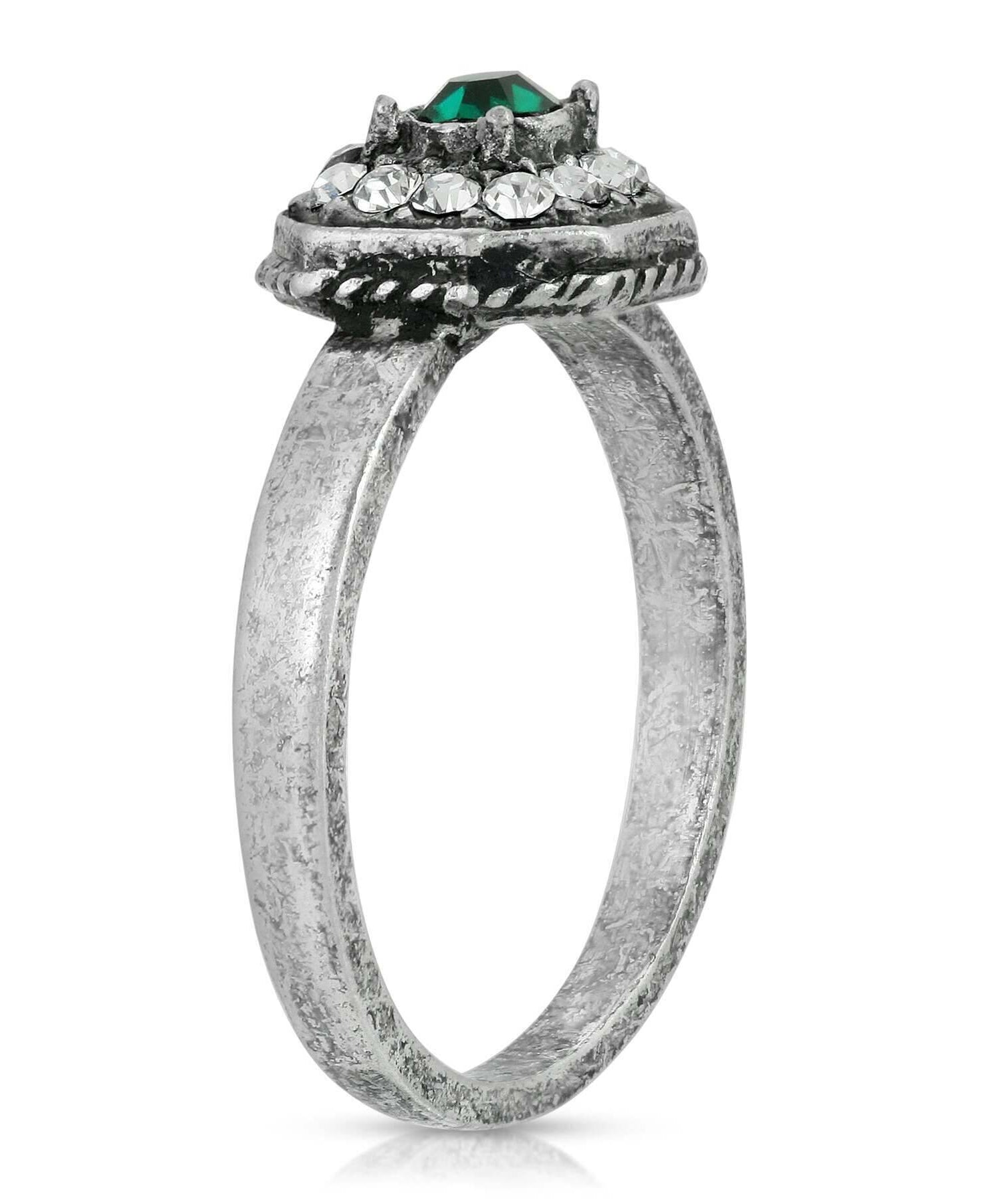 1928 Jewelry Pewter With Green And Clear Crystals Octagon Shaped Ring Size 7