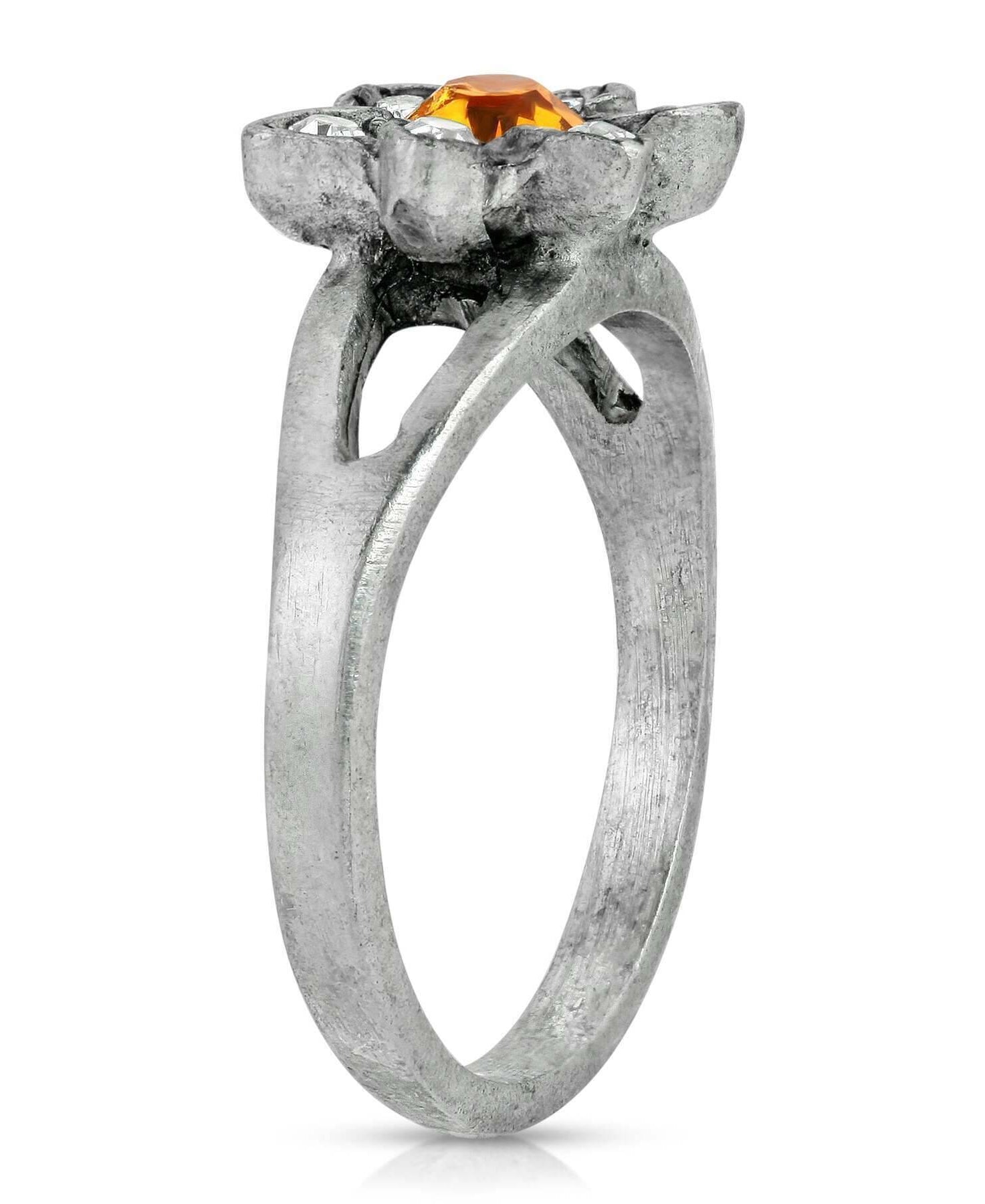 1928 Jewelry Pewter Yellow And Clear Crystal Floral Ring Size 7