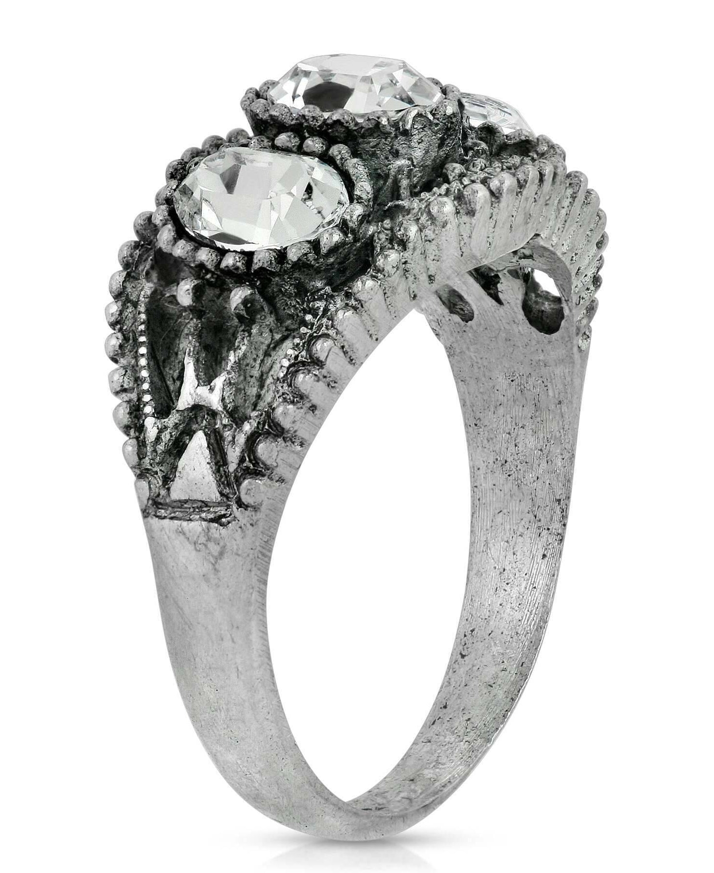 1928 Jewelry Pewter Triple Clear Crystal Oval Ring Size 7
