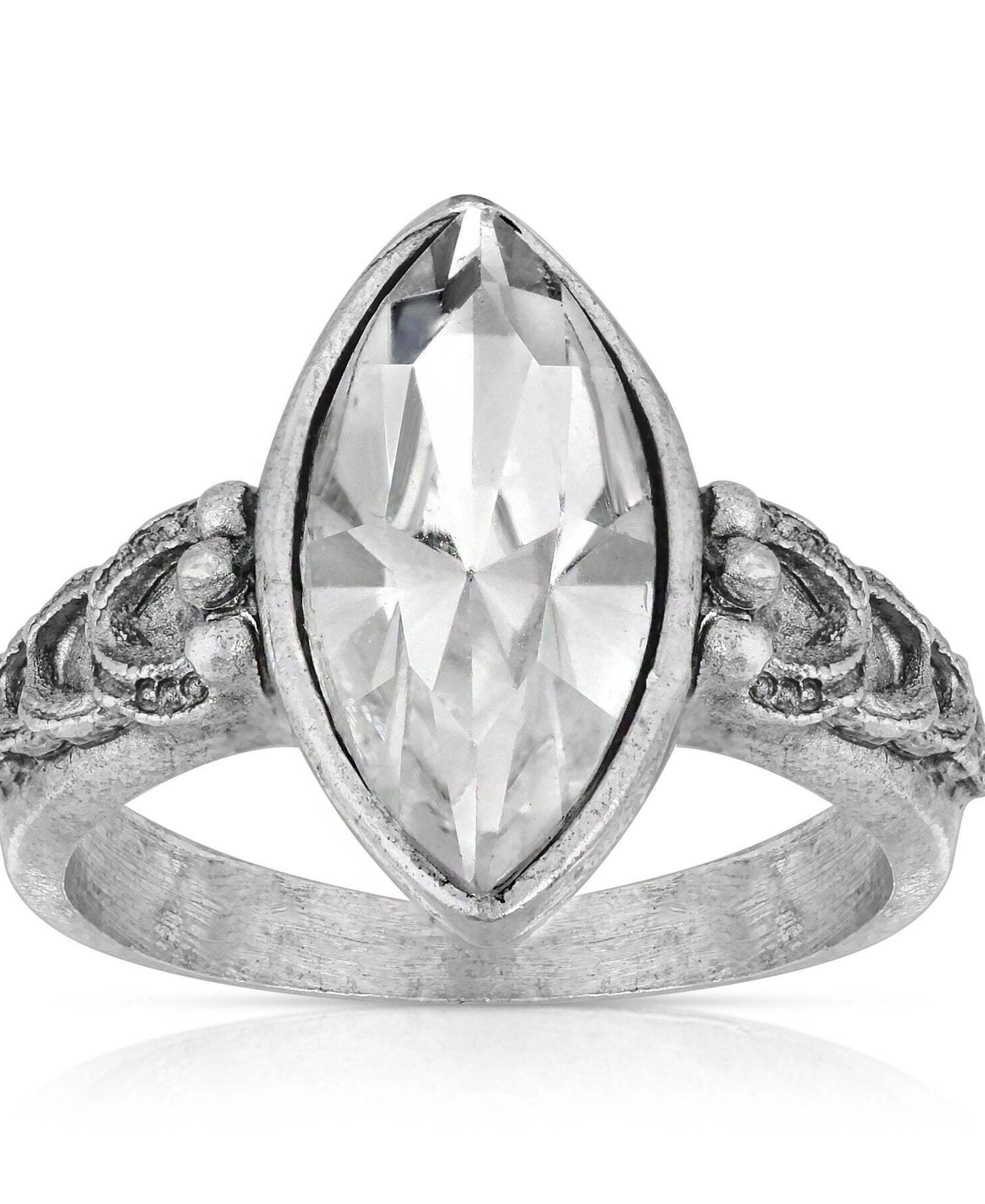 1928 Jewelry Pewter Navette Shaped Crystal Ring Size 7