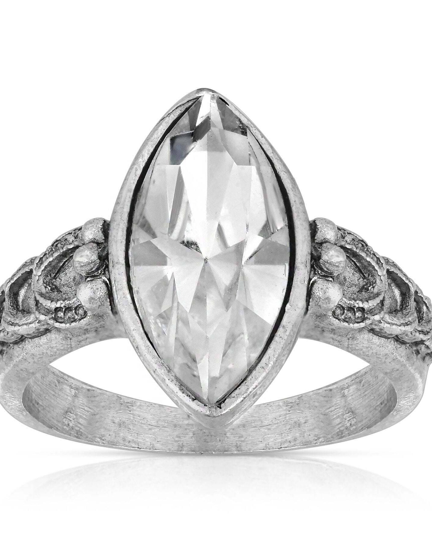 1928 Jewelry Pewter Navette Shaped Crystal Ring Size 7