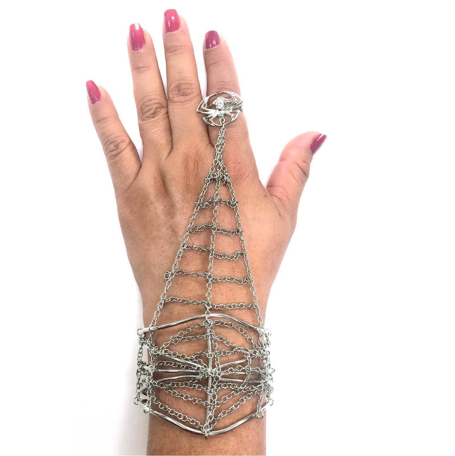 1928 Jewelry Web Cuff Bracelet & Link Chain Crystal Spider Ring Size 7