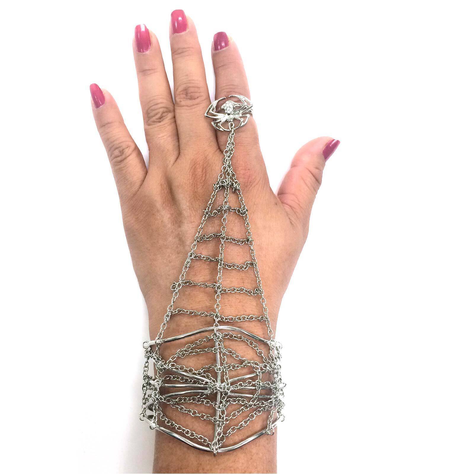 1928 Jewelry Web Cuff Bracelet & Link Chain Crystal Spider Ring Size 7