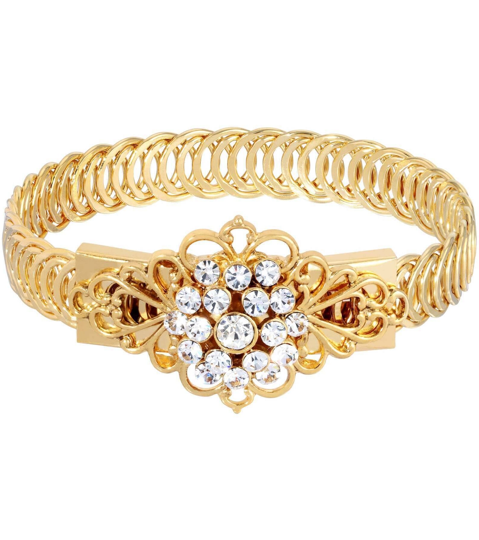 1928 Jewelry Gold Dipped Crystal Flower Overlay Belt Bracelet
