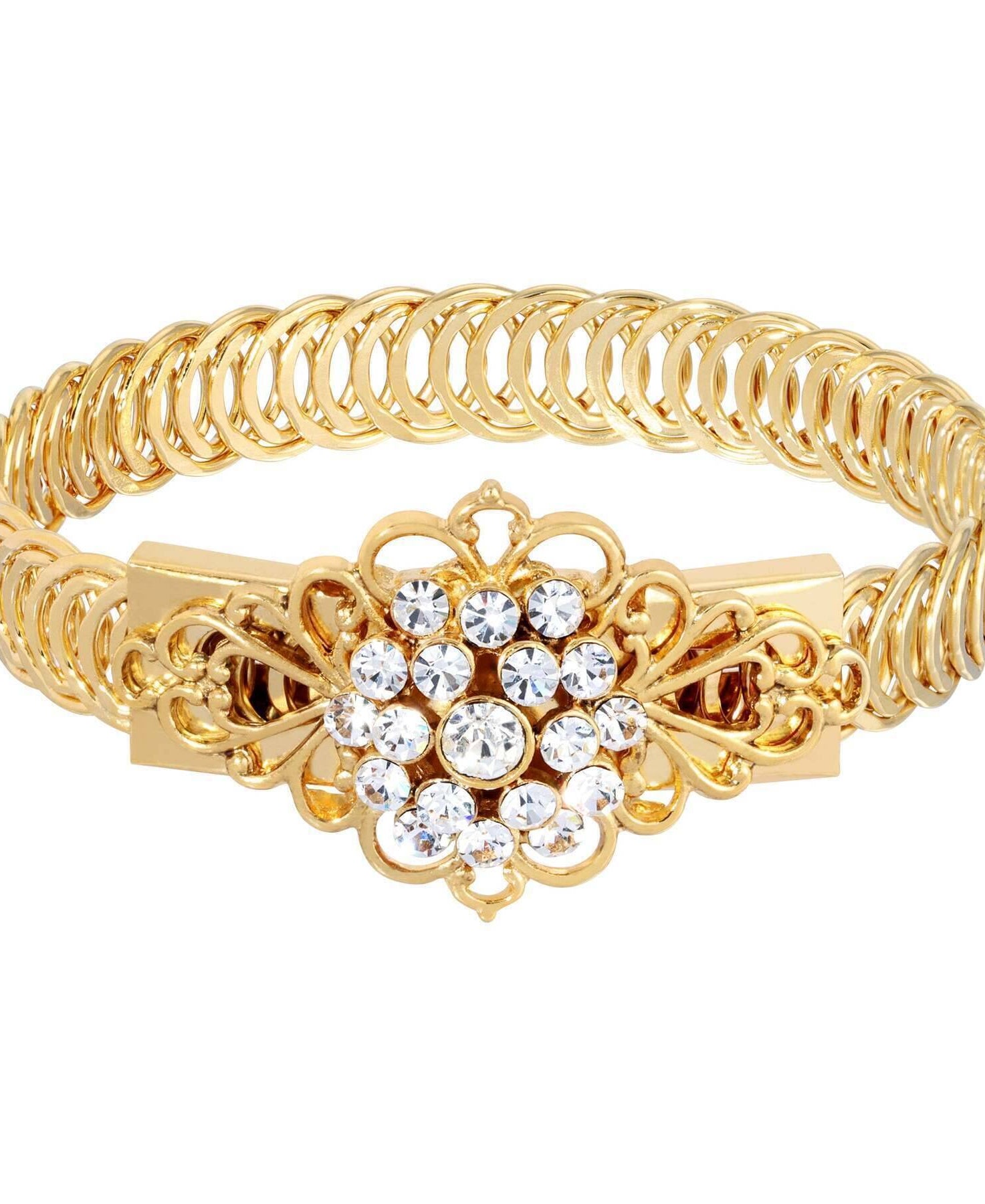 1928 Jewelry Gold Dipped Crystal Flower Overlay Belt Bracelet