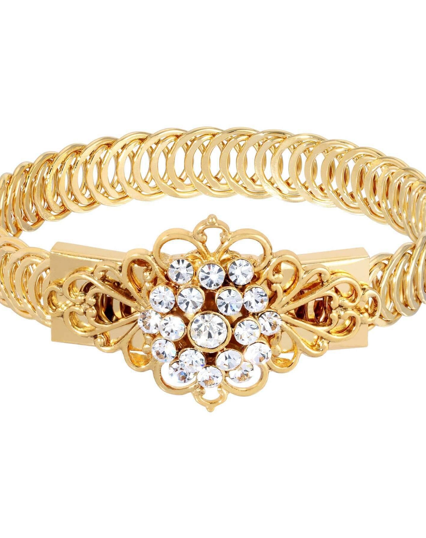 1928 Jewelry Gold Dipped Crystal Flower Overlay Belt Bracelet