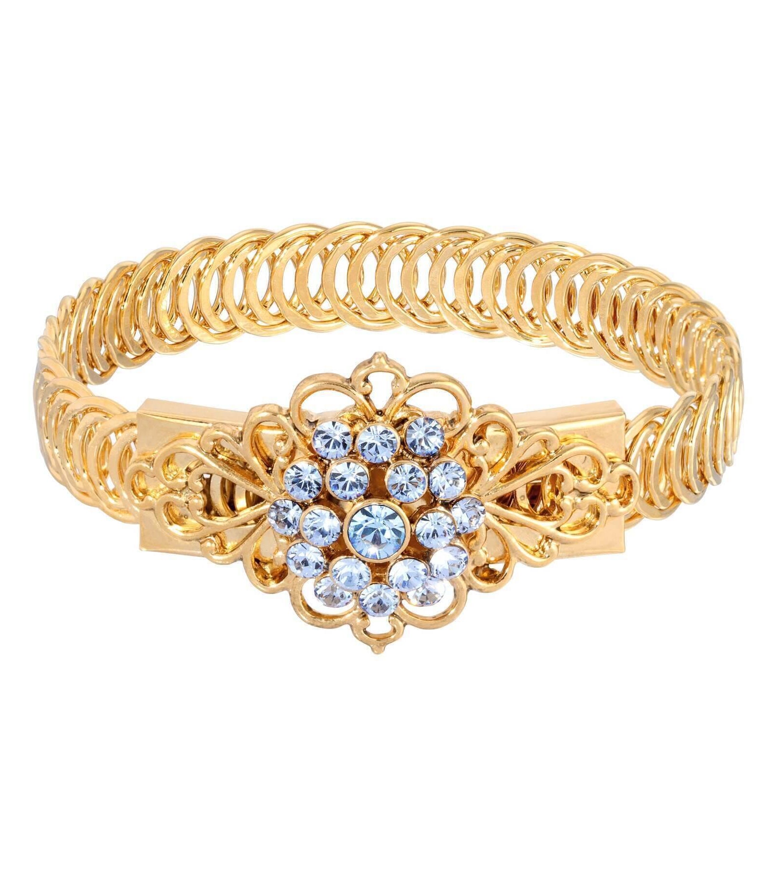 1928 Jewelry Gold Dipped Crystal Flower Overlay Belt Bracelet