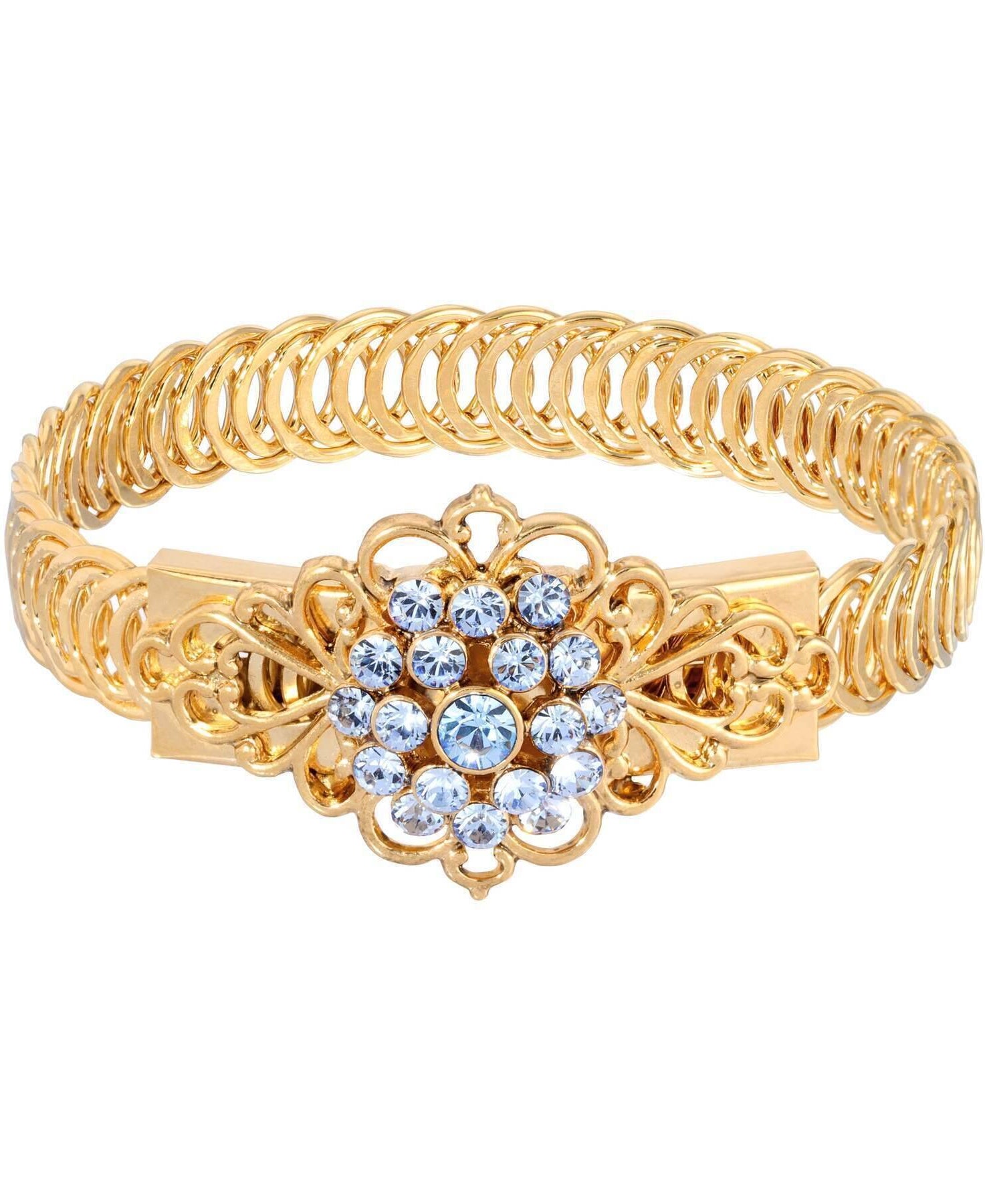 1928 Jewelry Gold Dipped Crystal Flower Overlay Belt Bracelet