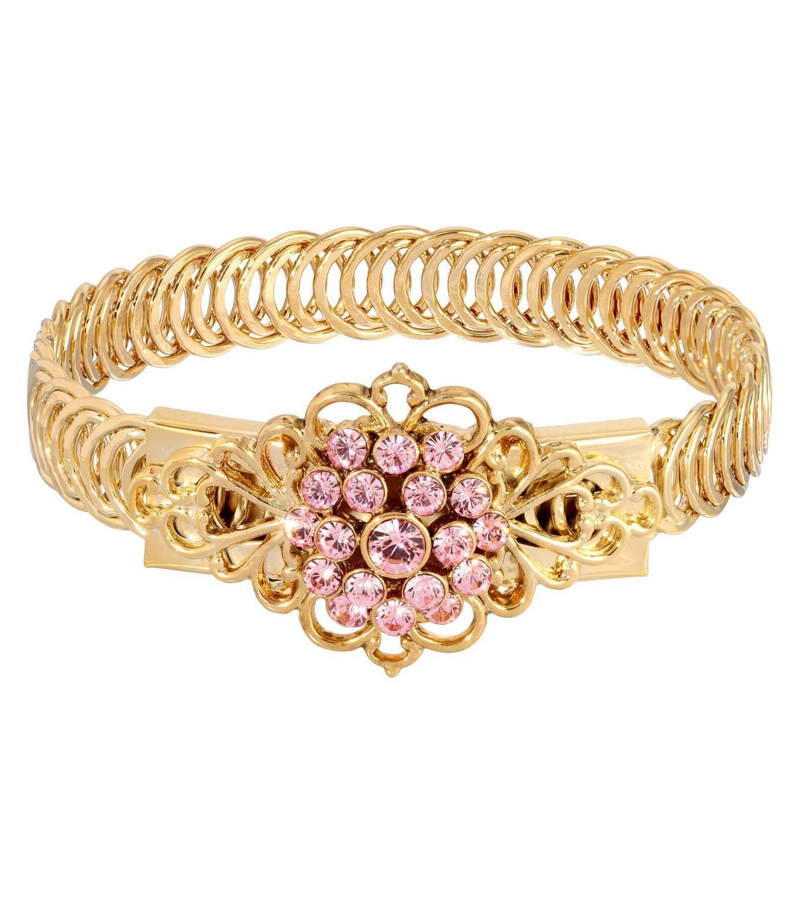 1928 Jewelry Gold Dipped Crystal Flower Overlay Belt Bracelet