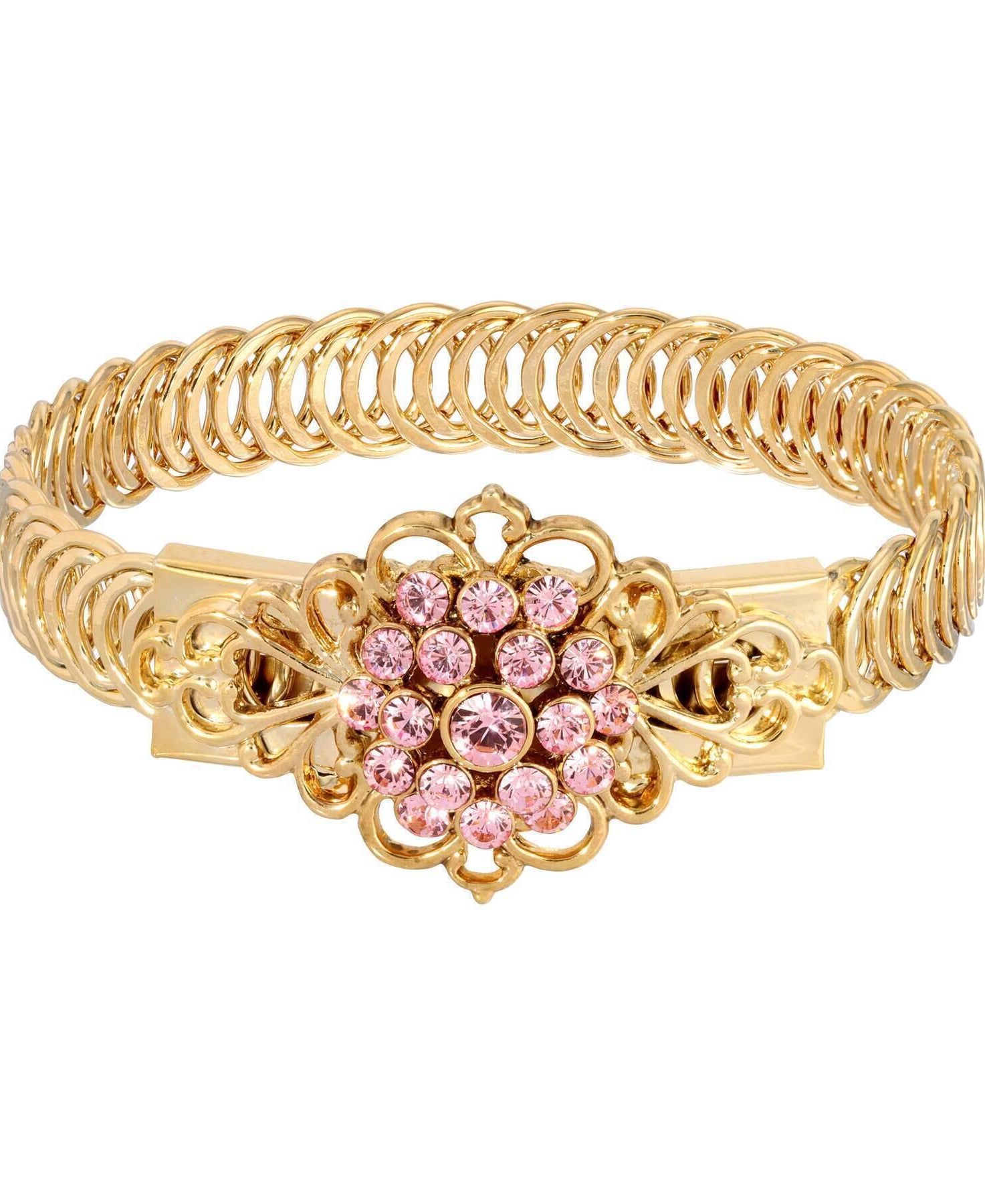 1928 Jewelry Gold Dipped Crystal Flower Overlay Belt Bracelet