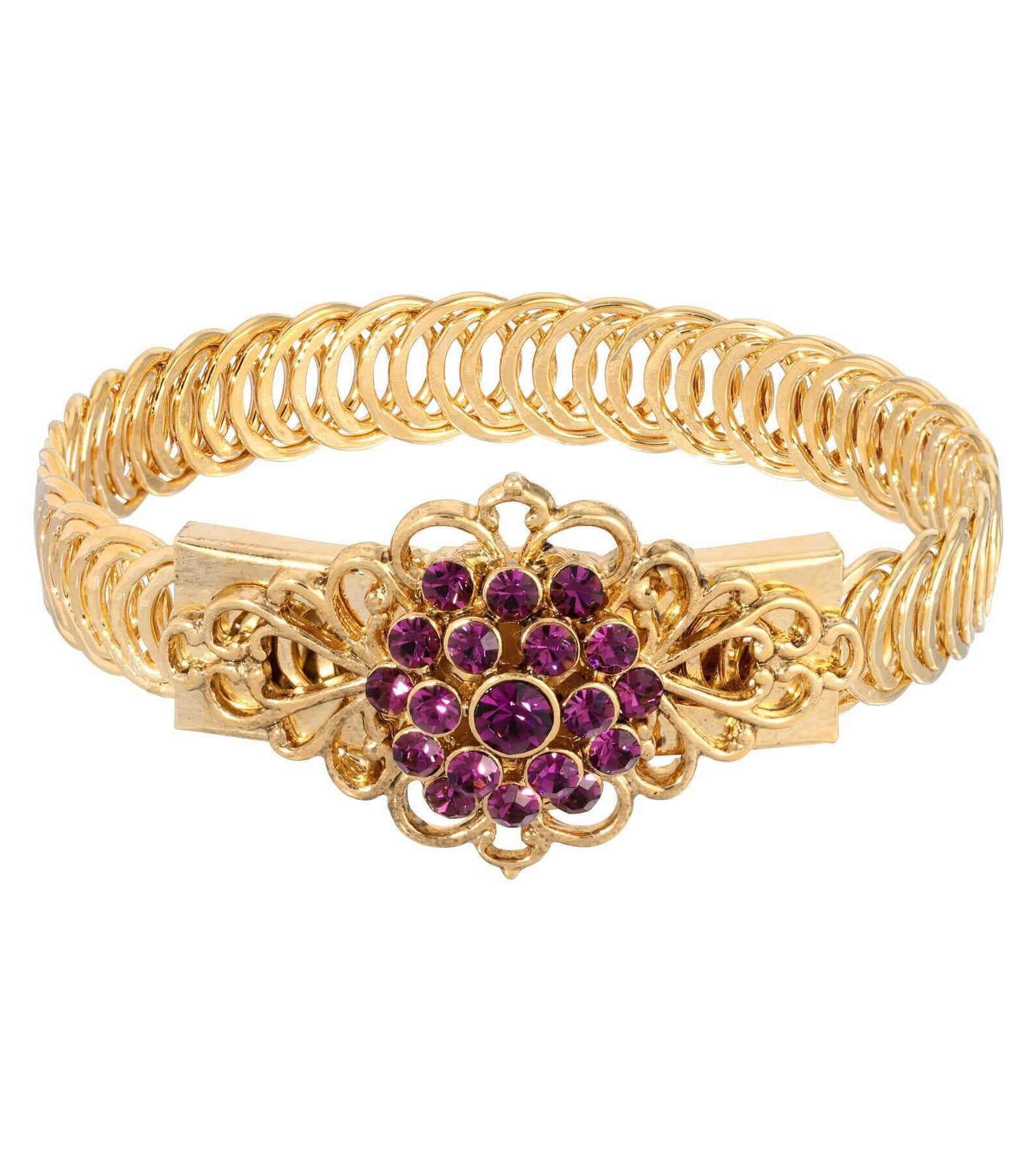 1928 Jewelry Gold Dipped Crystal Flower Overlay Belt Bracelet