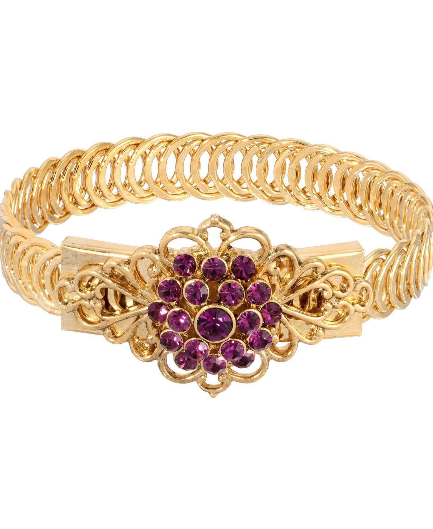 1928 Jewelry Gold Dipped Crystal Flower Overlay Belt Bracelet