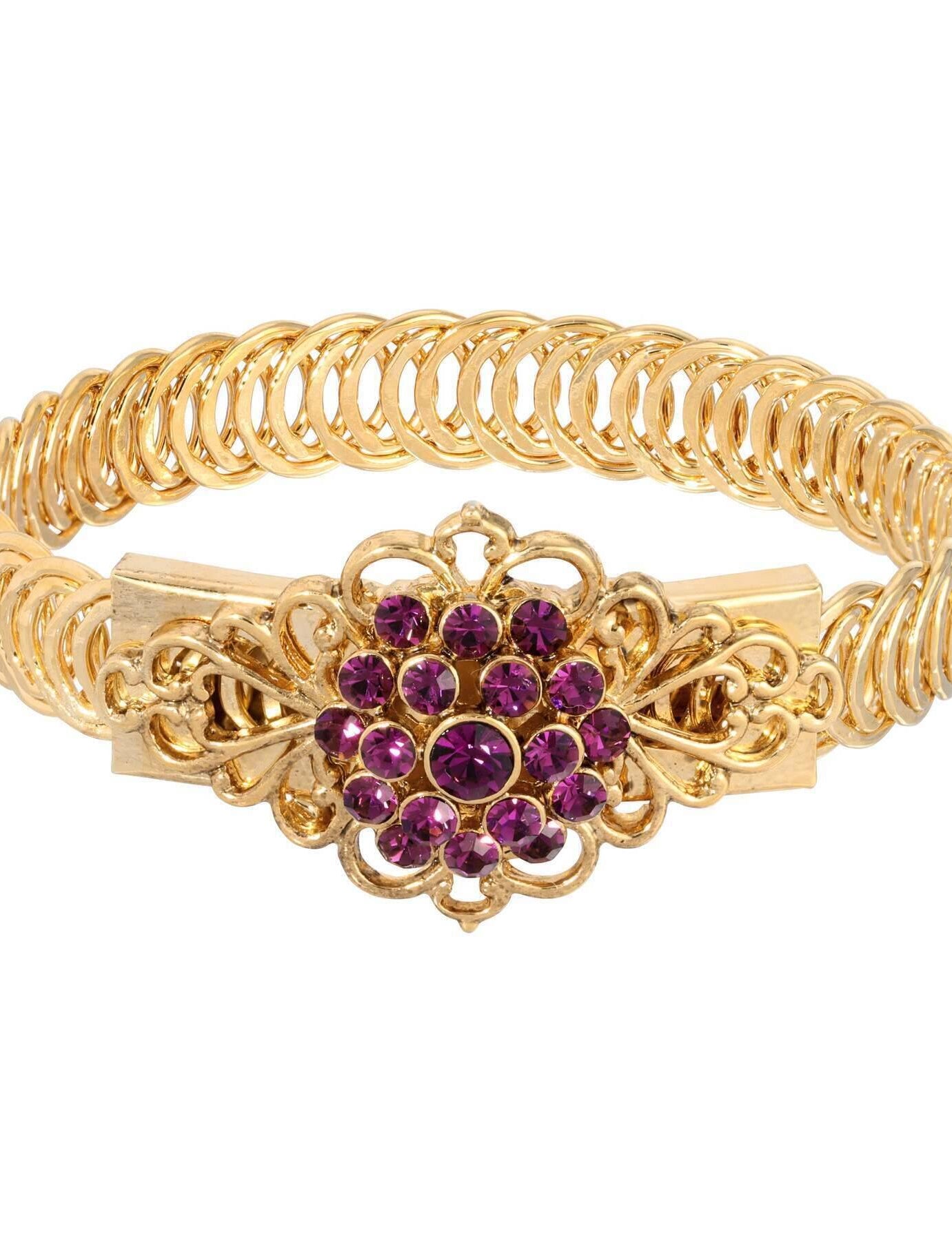 1928 Jewelry Gold Dipped Crystal Flower Overlay Belt Bracelet
