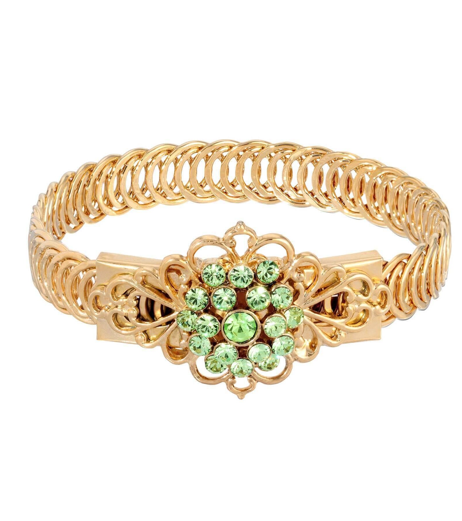 1928 Jewelry Gold Dipped Crystal Flower Overlay Belt Bracelet
