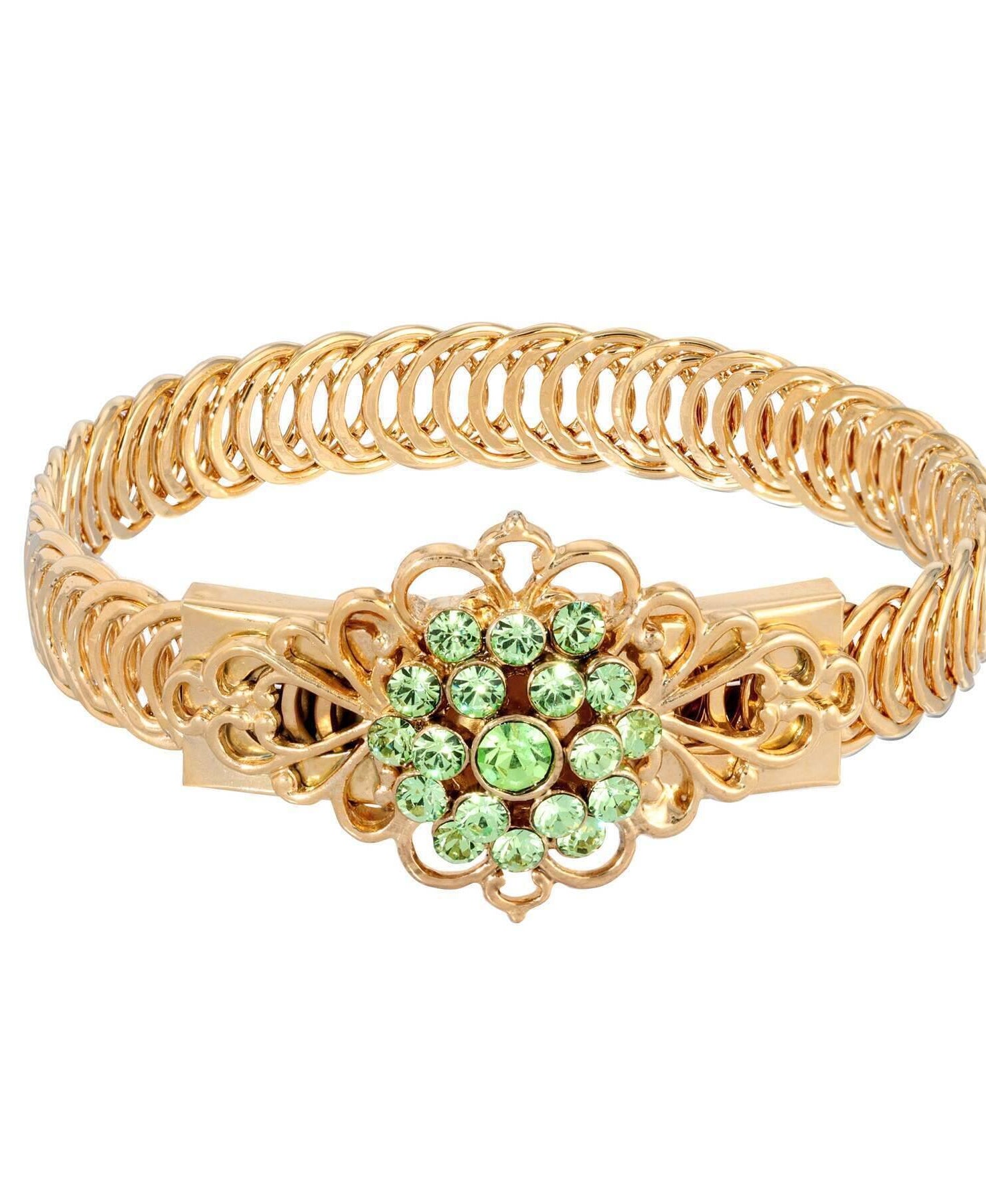 1928 Jewelry Gold Dipped Crystal Flower Overlay Belt Bracelet