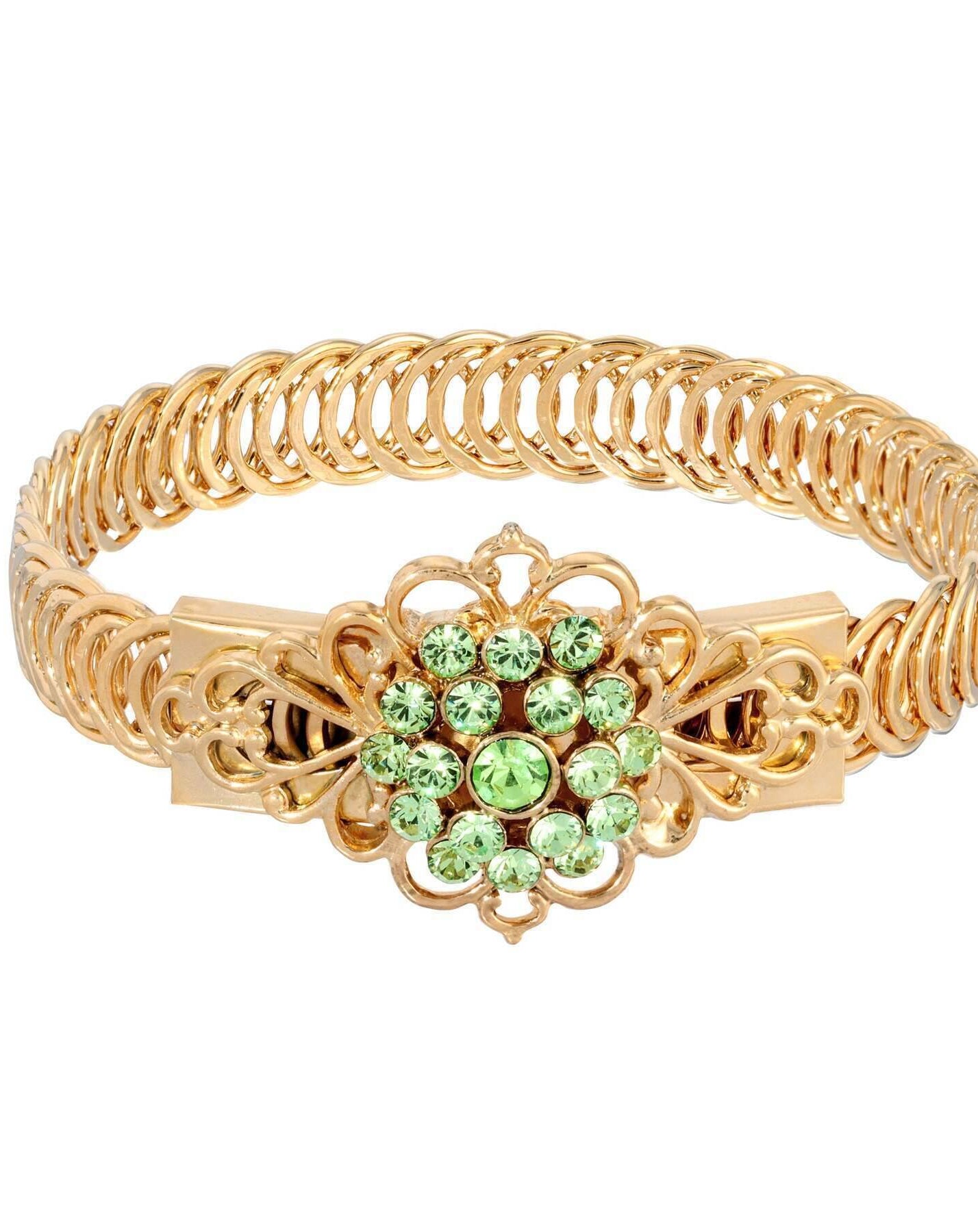 1928 Jewelry Gold Dipped Crystal Flower Overlay Belt Bracelet