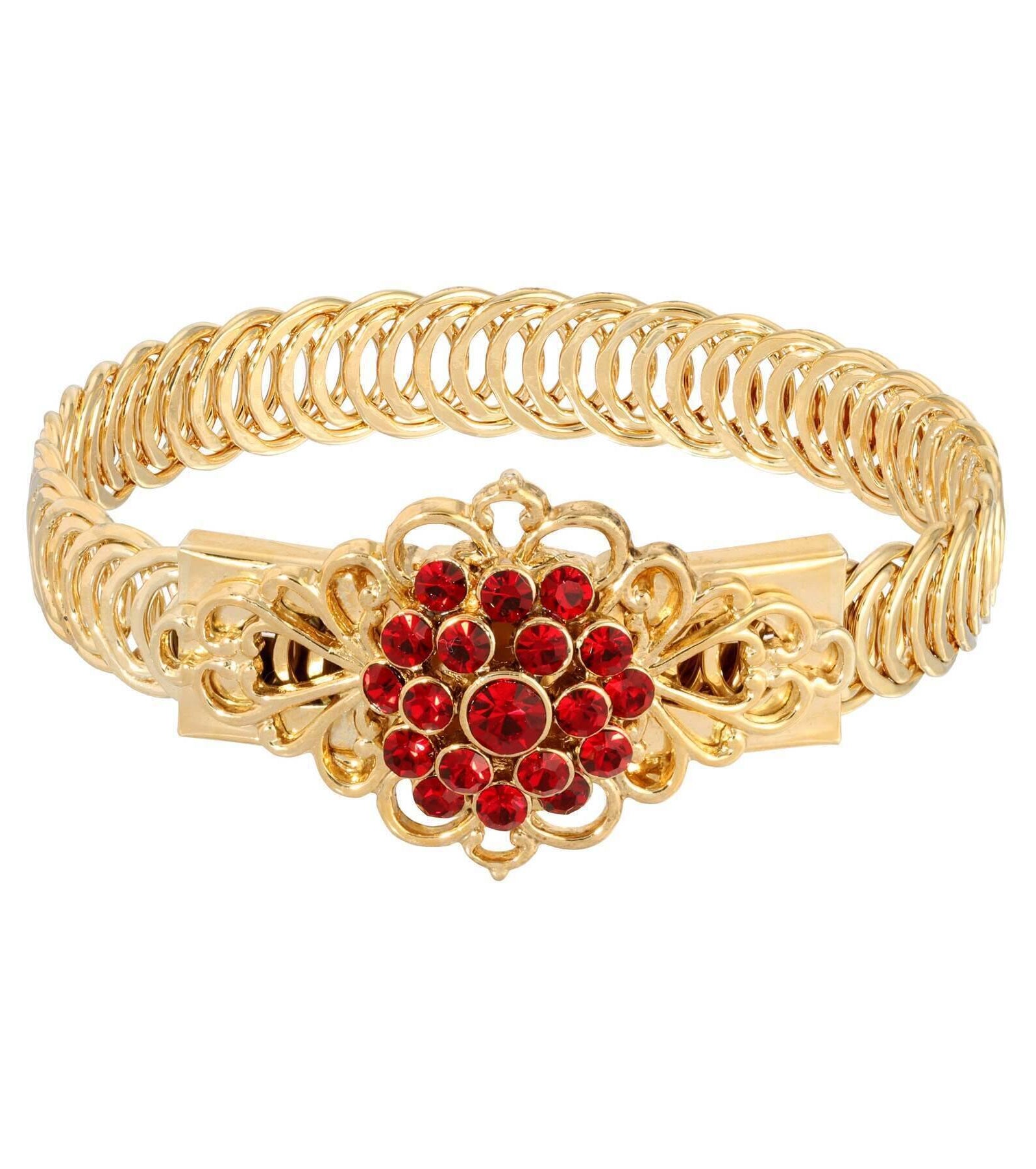 1928 Jewelry Gold Dipped Crystal Flower Overlay Belt Bracelet