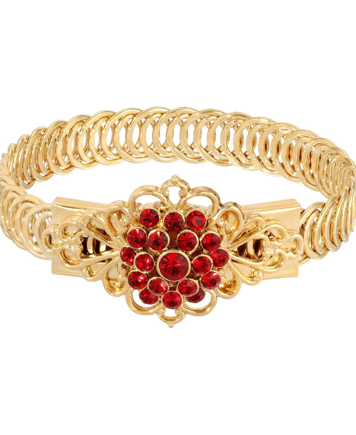 1928 Jewelry Gold Dipped Crystal Flower Overlay Belt Bracelet