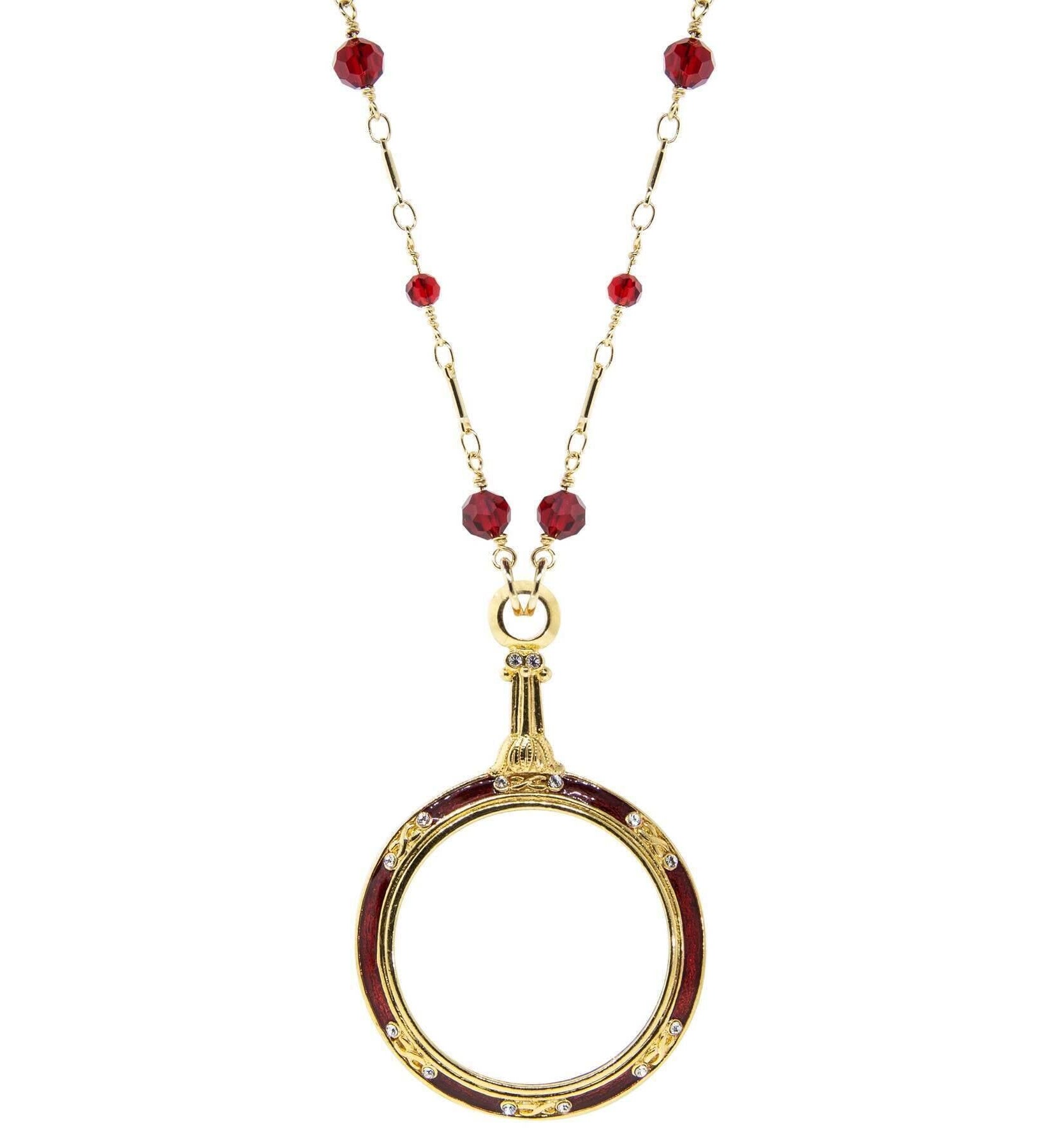 1928 Jewelry Glass Beaded Station Chain Deco Magnification Enamel & Crystal Pendant Necklace 30" - Magnification Power: 1-2X