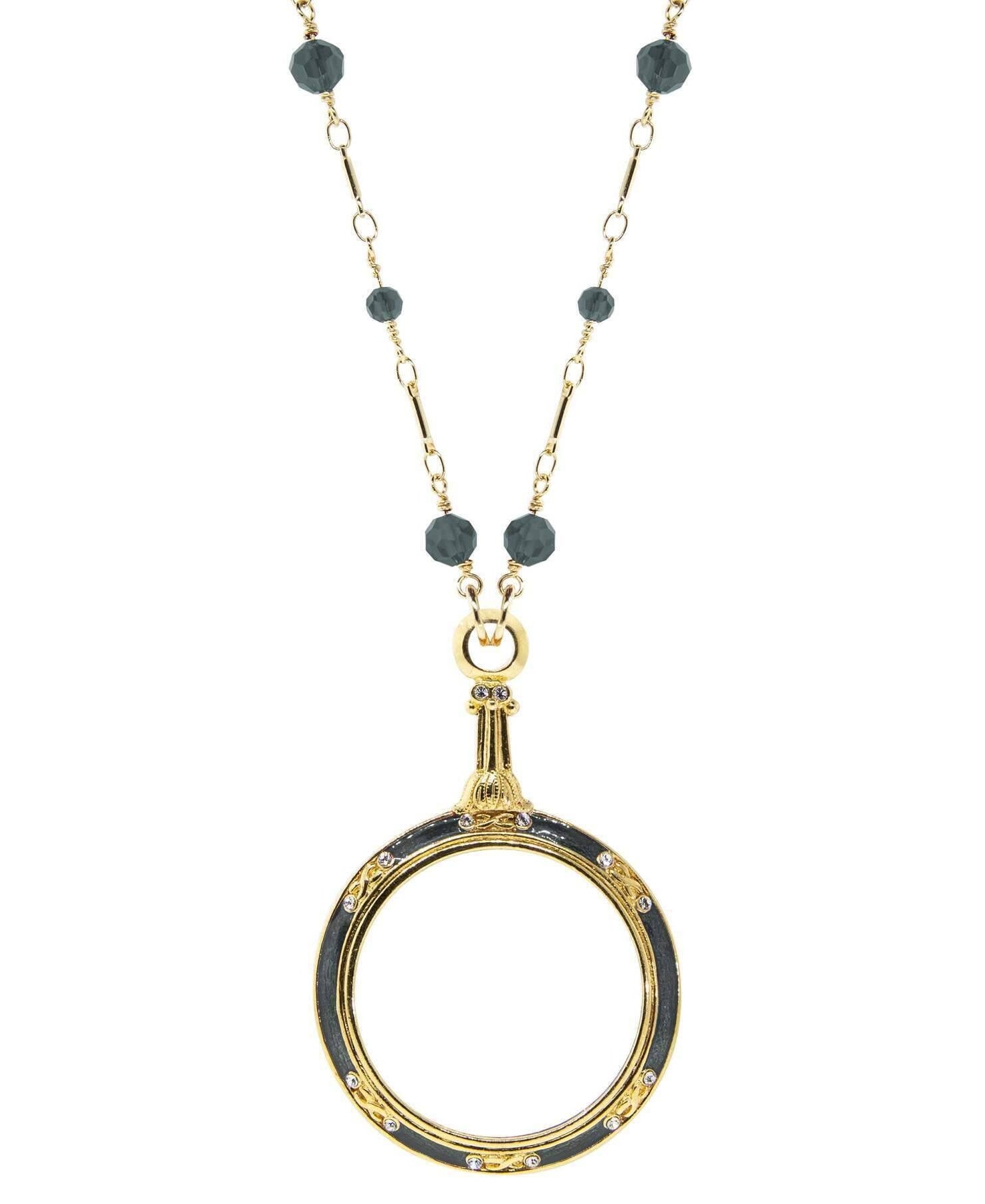 1928 Jewelry Glass Beaded Station Chain Deco Magnification Enamel & Crystal Pendant Necklace 30" - Magnification Power: 1-2X