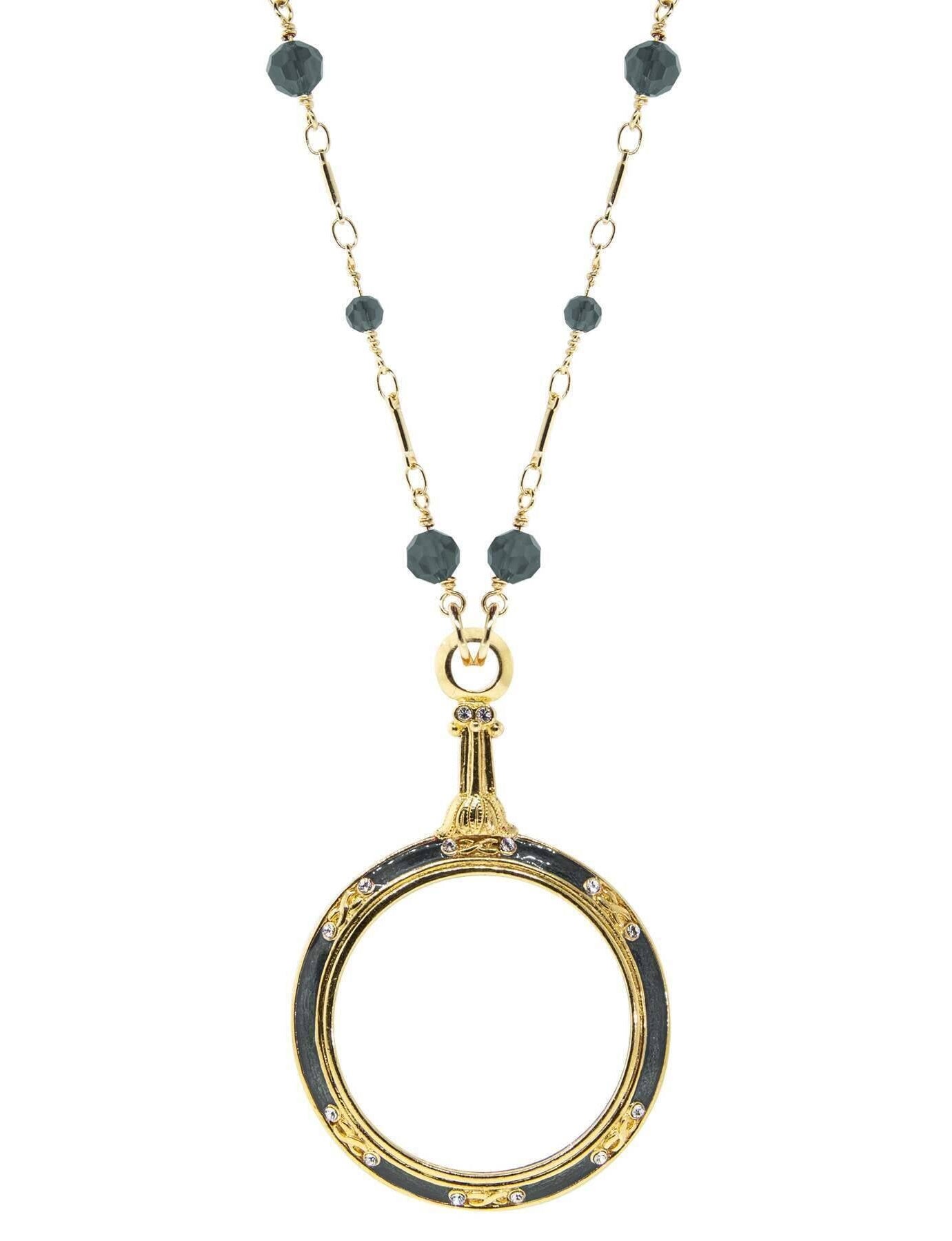 1928 Jewelry Glass Beaded Station Chain Deco Magnification Enamel & Crystal Pendant Necklace 30" - Magnification Power: 1-2X