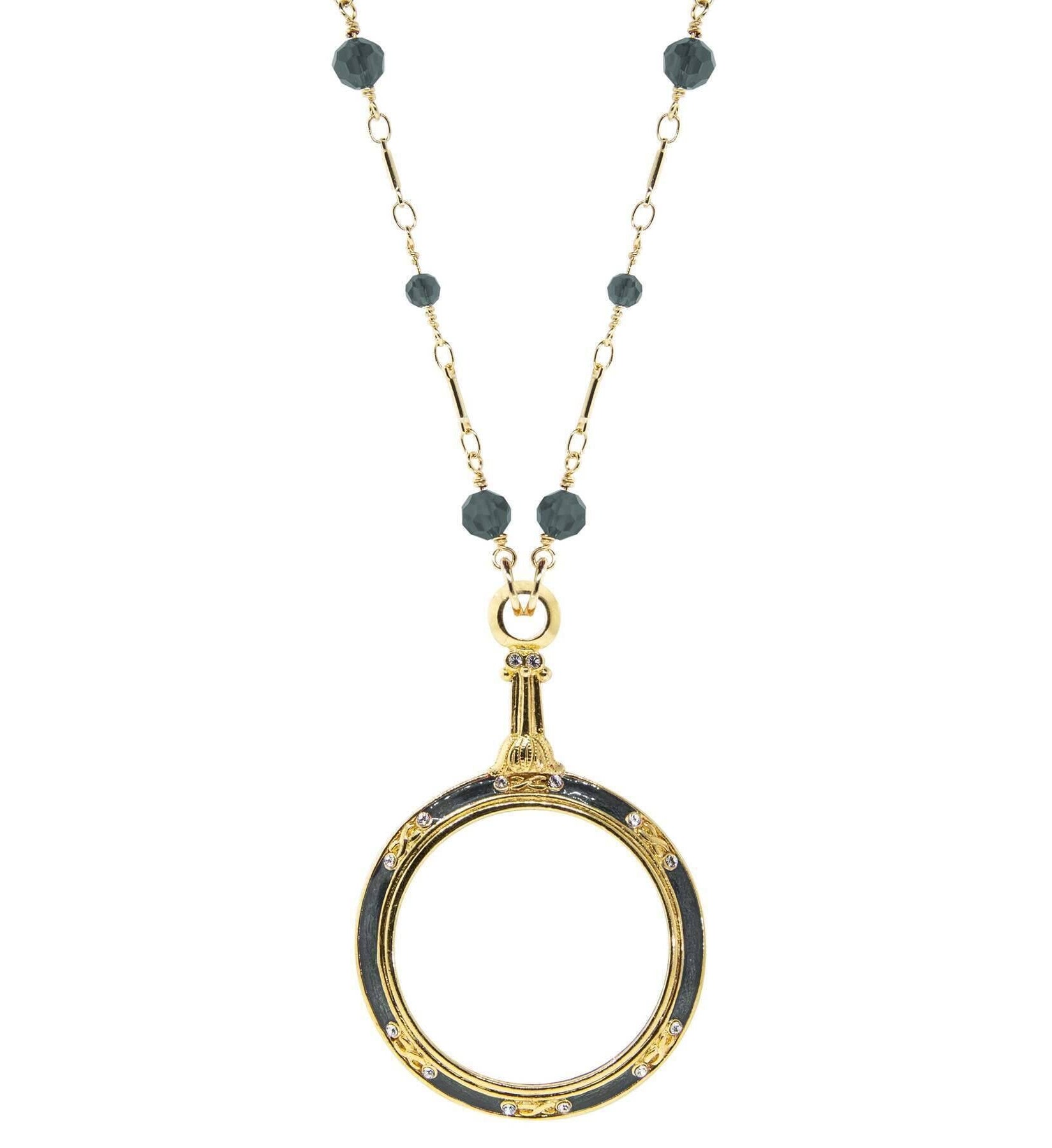 1928 Jewelry Glass Beaded Station Chain Deco Magnification Enamel & Crystal Pendant Necklace 30" - Magnification Power: 1-2X