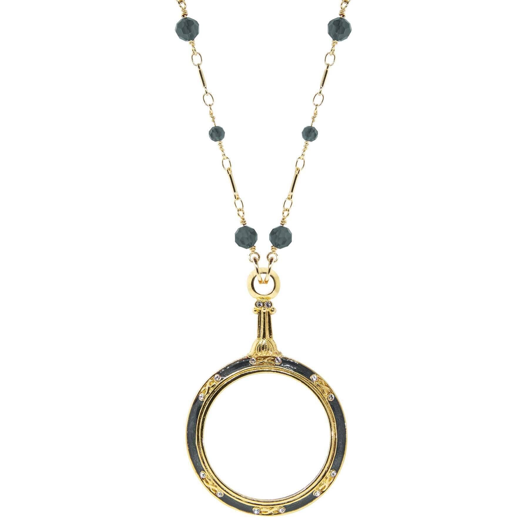 1928 Jewelry Glass Beaded Station Chain Deco Magnification Enamel & Crystal Pendant Necklace 30" - Magnification Power: 1-2X