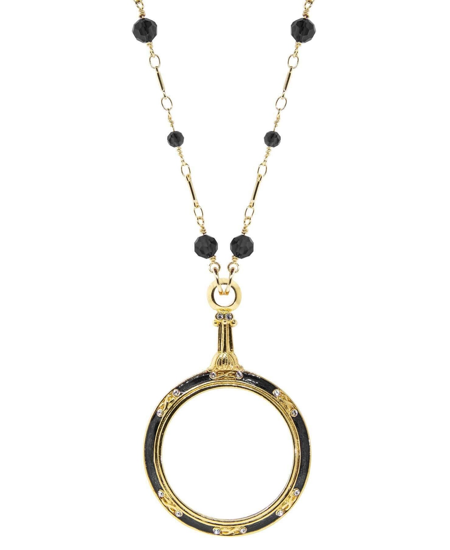 1928 Jewelry Glass Beaded Station Chain Deco Magnification Enamel & Crystal Pendant Necklace 30" - Magnification Power: 1-2X