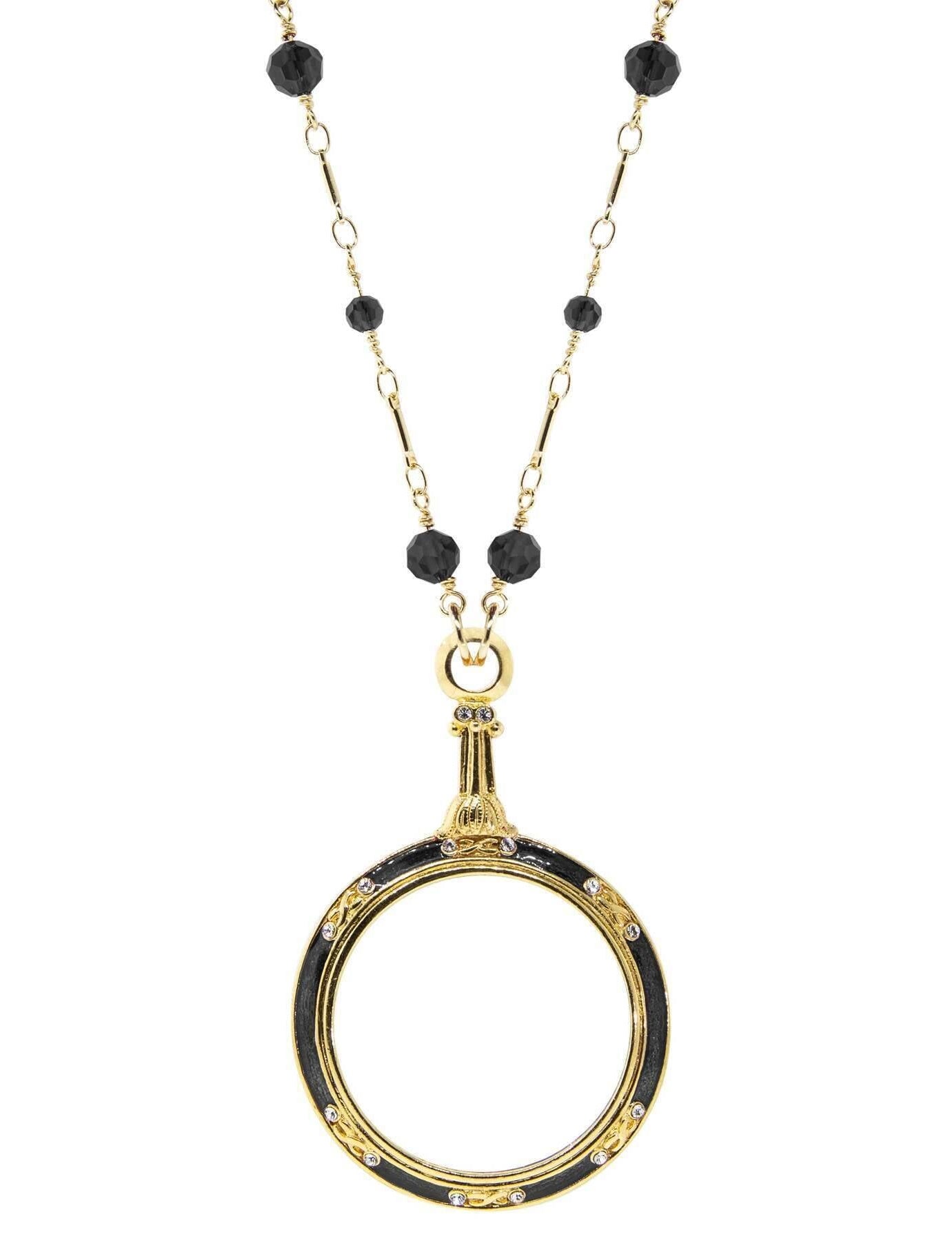 1928 Jewelry Glass Beaded Station Chain Deco Magnification Enamel & Crystal Pendant Necklace 30" - Magnification Power: 1-2X