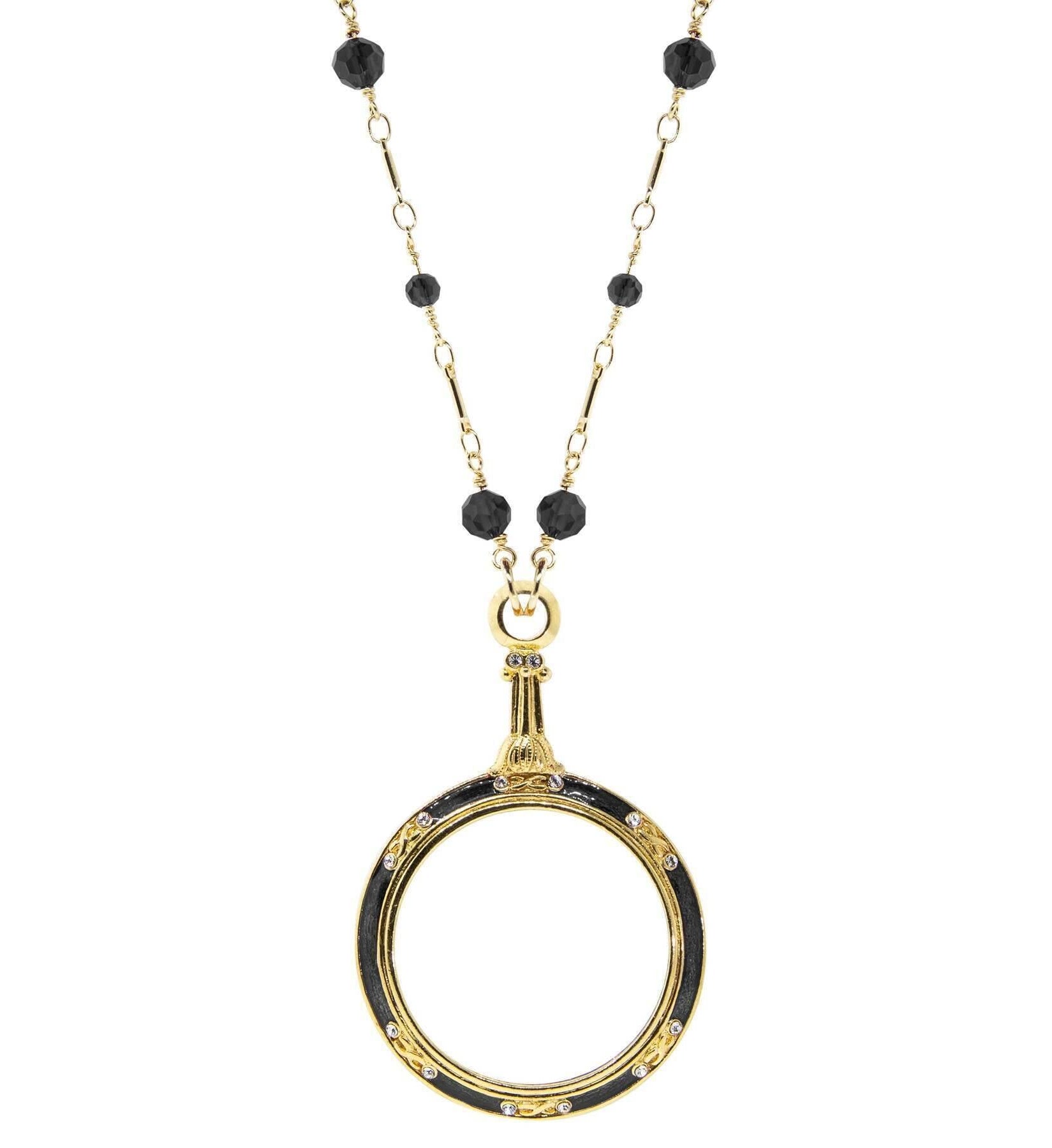 1928 Jewelry Glass Beaded Station Chain Deco Magnification Enamel & Crystal Pendant Necklace 30" - Magnification Power: 1-2X