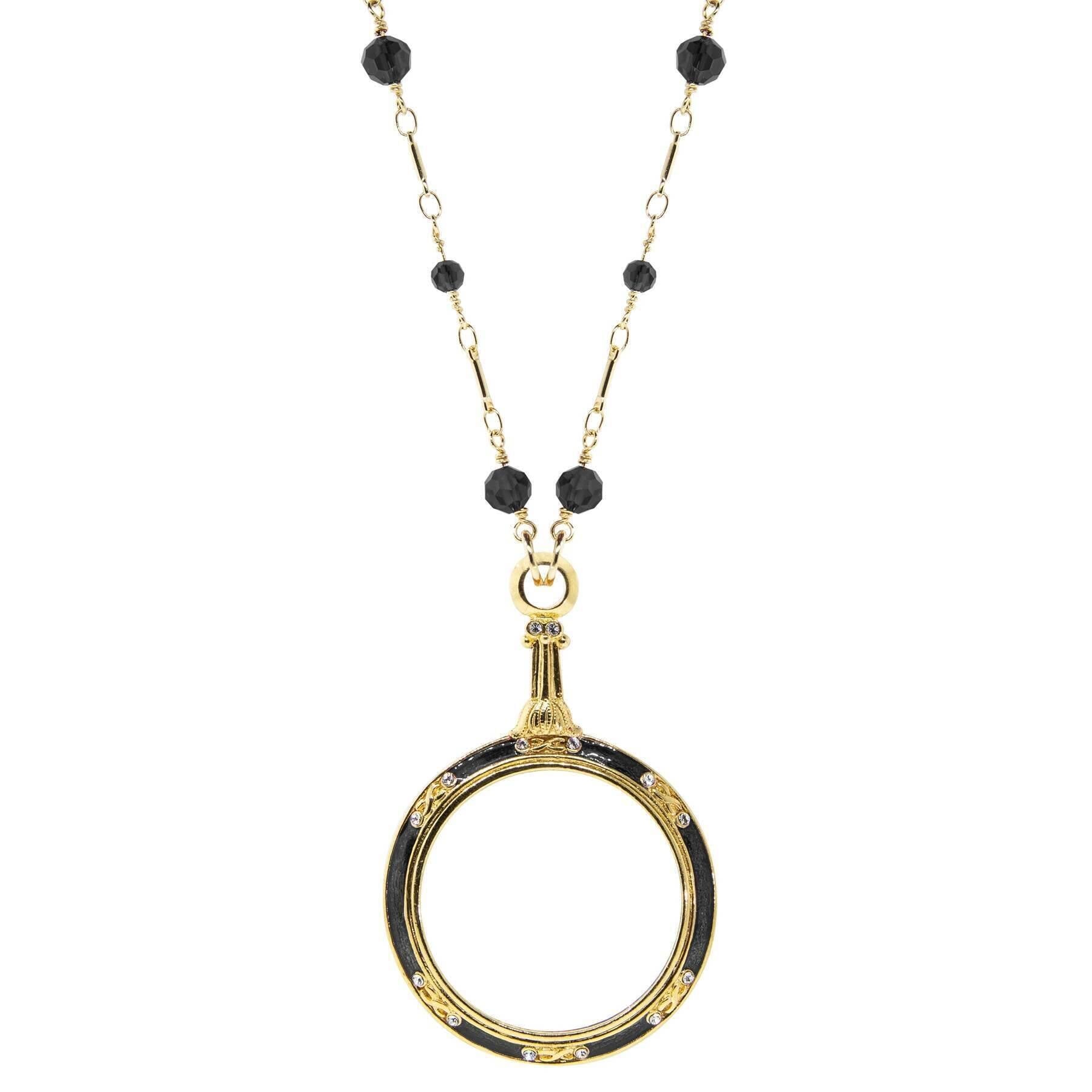 1928 Jewelry Glass Beaded Station Chain Deco Magnification Enamel & Crystal Pendant Necklace 30" - Magnification Power: 1-2X