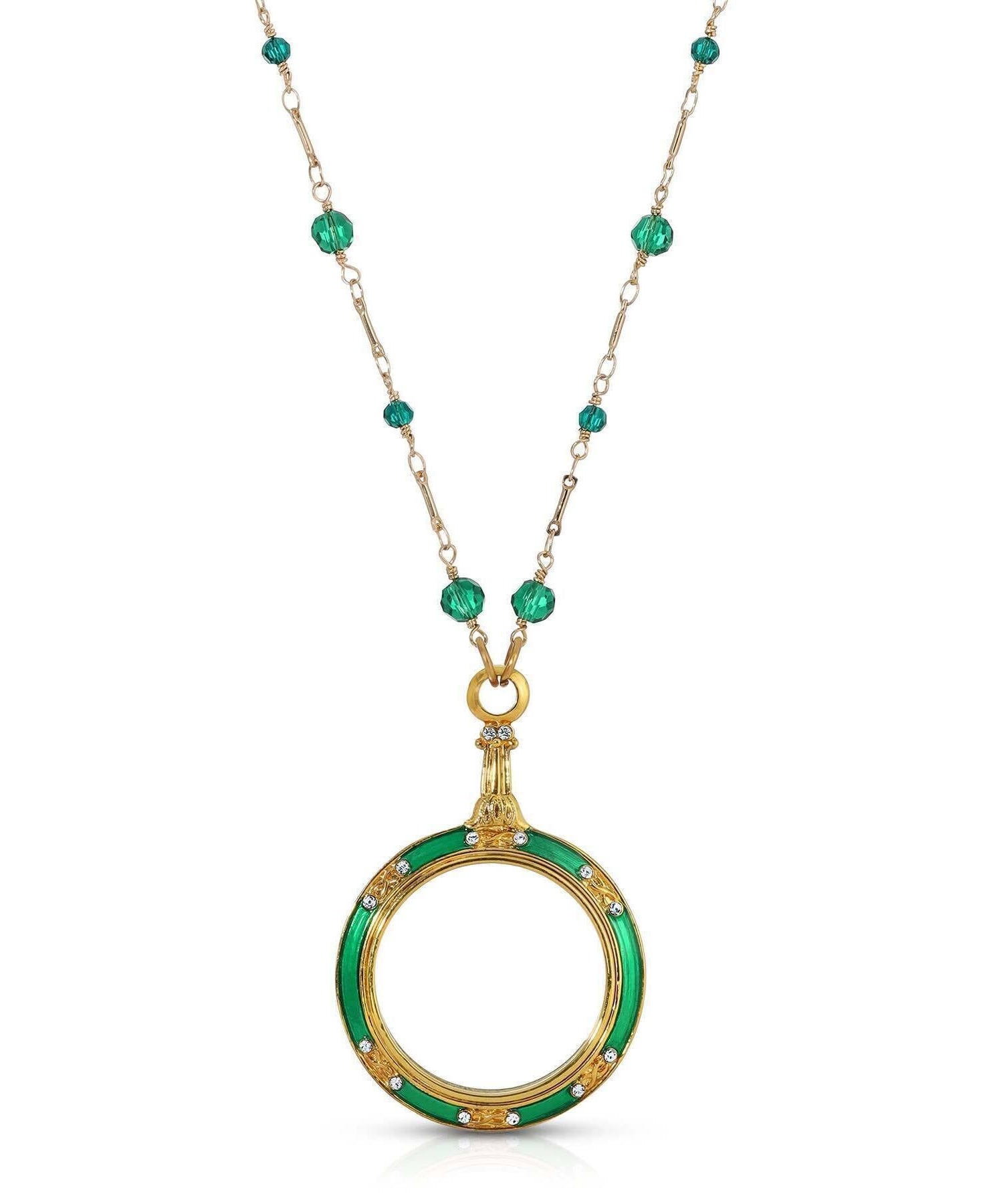 1928 Jewelry Glass Beaded Station Chain Deco Magnification Enamel & Crystal Pendant Necklace 30" - Magnification Power: 1-2X