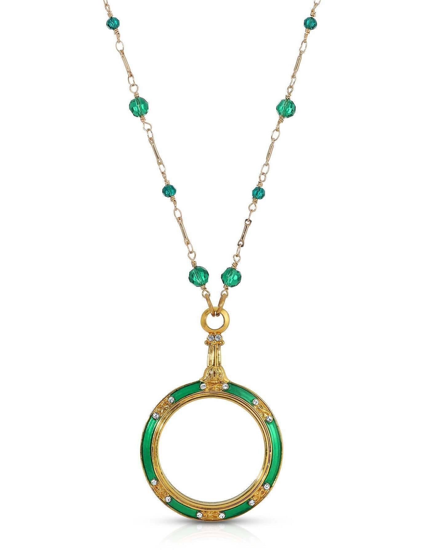 1928 Jewelry Glass Beaded Station Chain Deco Magnification Enamel & Crystal Pendant Necklace 30" - Magnification Power: 1-2X